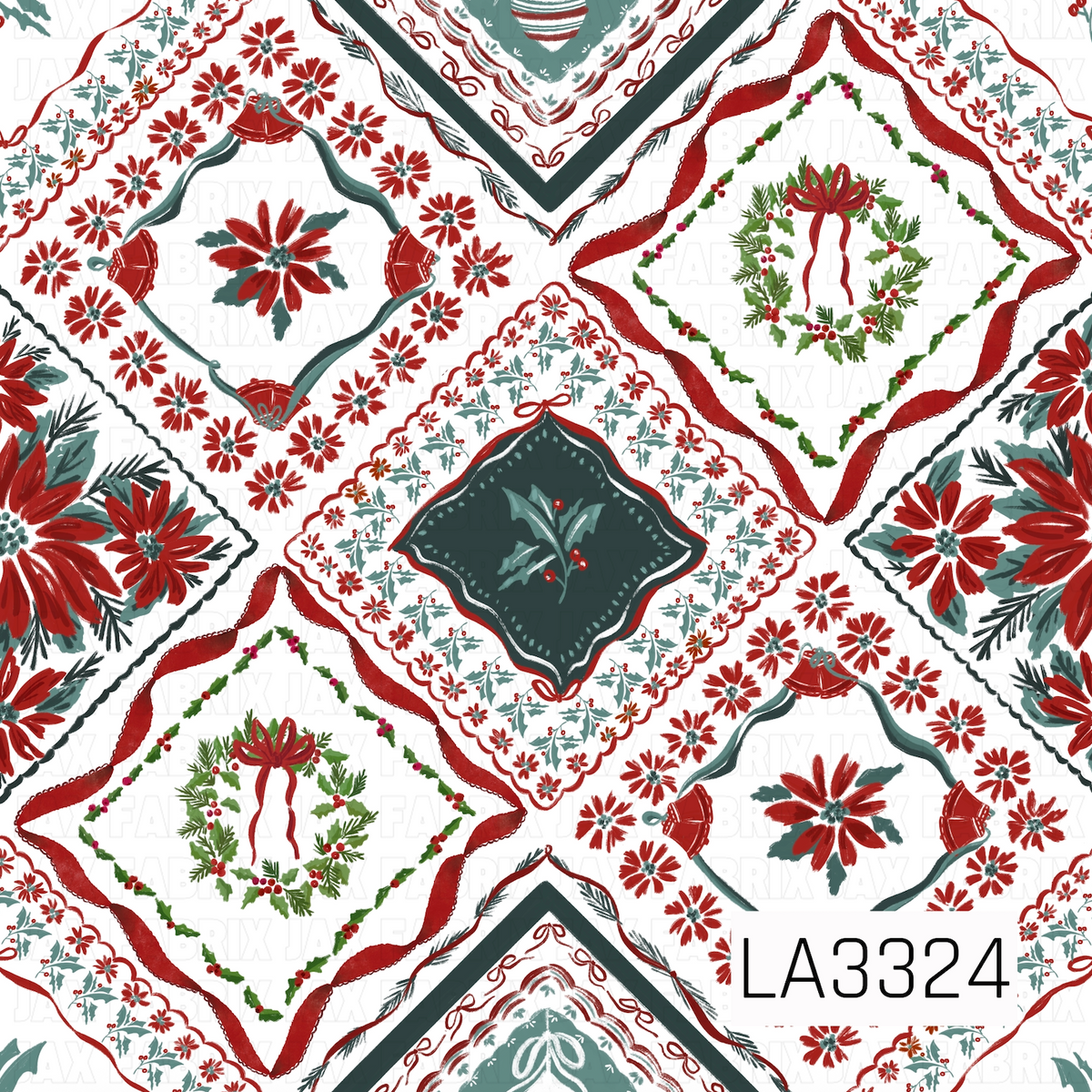 A vintage-inspired Christmas patchwork pattern featuring red poinsettias, holly, wreaths, bells, bows and ornaments arranged in decorative handkerchief-style squares. Deep evergreen, red, soft sage and icy blue accents pop against the crisp white background for a classic nostalgic holiday feel.