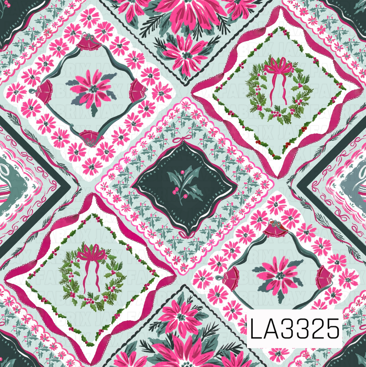 A vintage-inspired Christmas handkerchief pattern featuring bright pink poinsettias, festive wreaths, holly, bells, bows and ornaments arranged in decorative patchwork-style squares. Soft mint, deep evergreen and crisp white pair with vibrant pink accents for a playful, colorful twist on classic holiday florals.