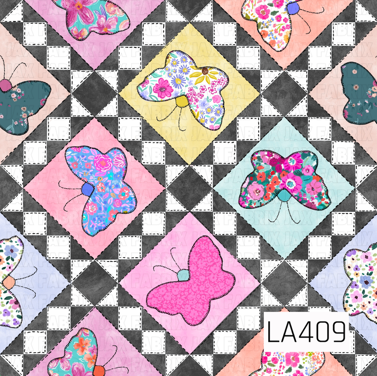 A charming quilt-inspired design featuring charcoal gray and white geometric patchwork blocks surrounding soft pastel diamonds in shades of pink, lavender, peach, buttery yellow, and pale blue. Each diamond showcases a whimsical butterfly filled with vibrant florals in shades of pink, purple, turquoise, coral, and yellow. Black dashed stitching and textured details give this colorful design a playful, vintage patchwork feel.