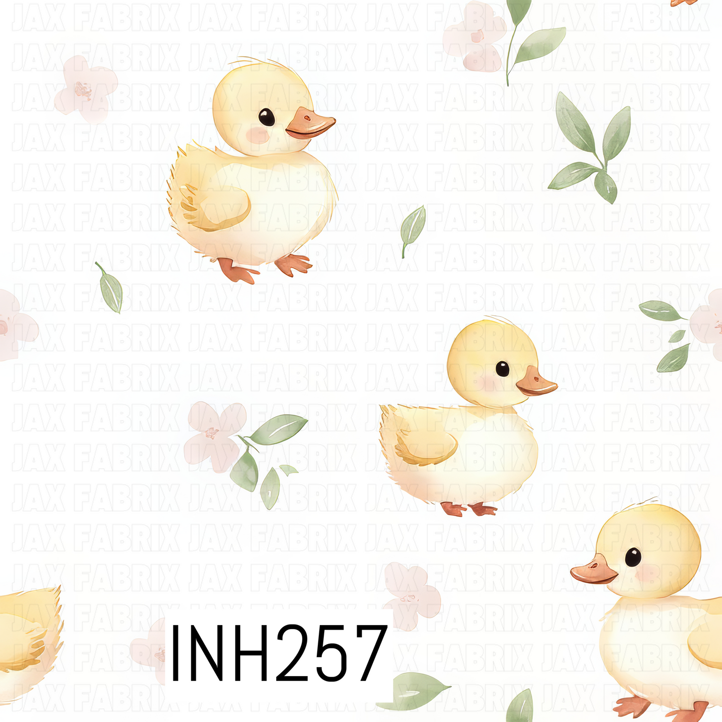 Pattern of yellow ducklings with flowers and leaves on a light background