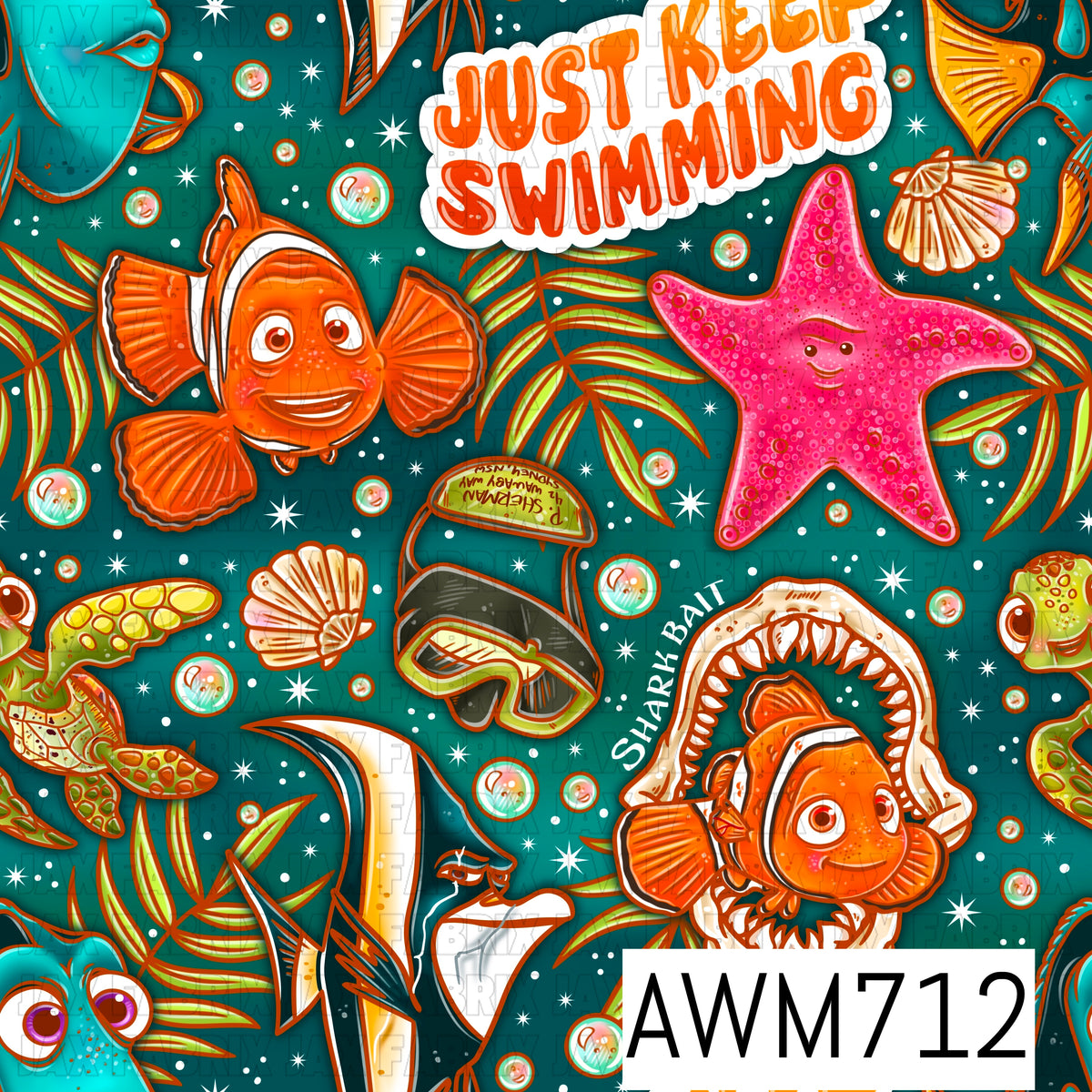 Ocean Adventure Seamless Pattern featuring adorable clownfish, a smiling starfish, sea turtle, shark fins, tropical fish, seashells, bubbles, ocean plants, and playful underwater accents with fun ocean-themed phrases. This vibrant nautical design is perfect for fabric, bows, apparel, tumblers, beach bags, and whimsical sea-life craft projects.