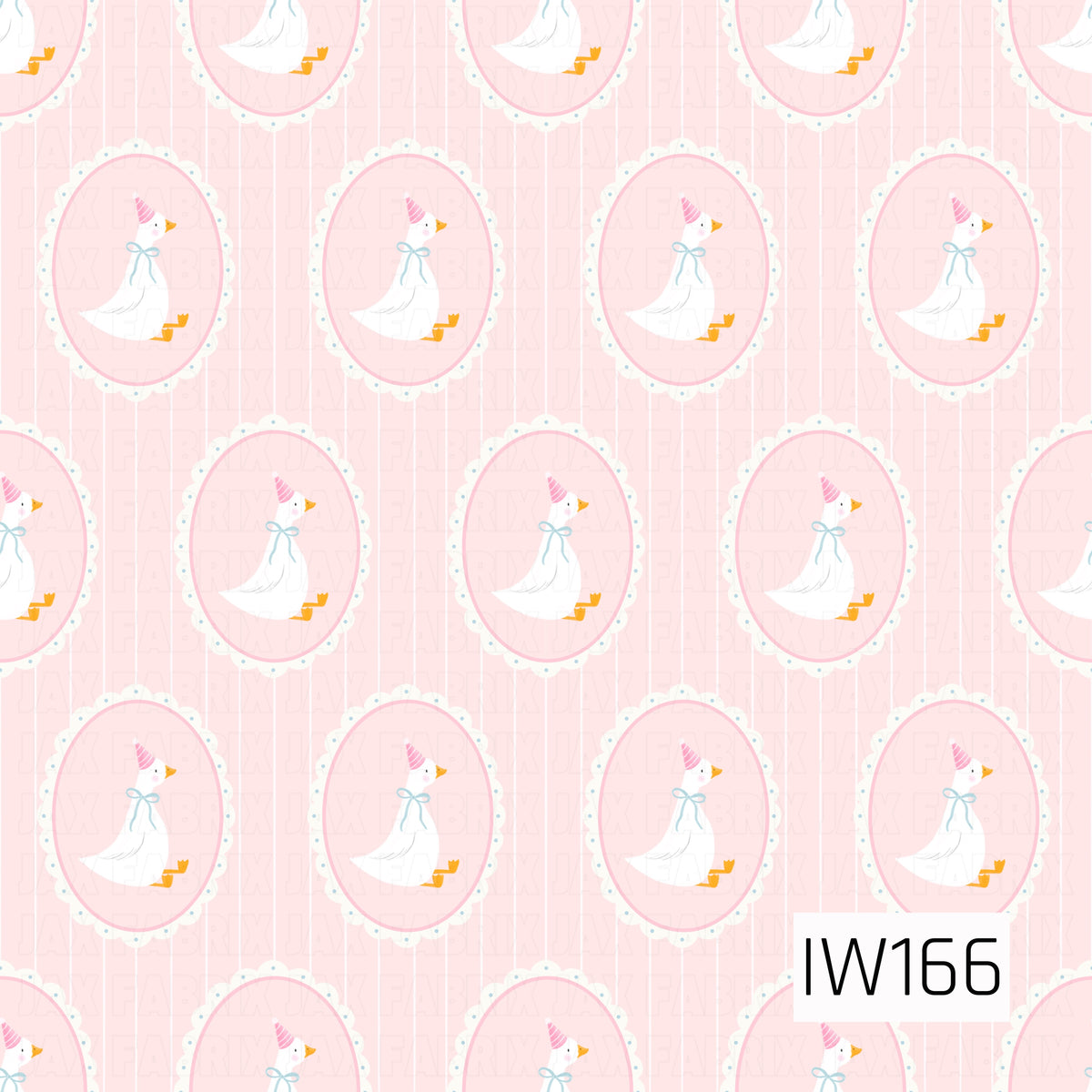 A sweet and whimsical seamless pattern featuring adorable white birthday geese wearing pink striped party hats and delicate baby blue bows. Each goose is nestled inside a soft blush pink oval frame with a dainty white scalloped lace border accented by tiny blue dots. The repeating oval cameos are arranged over a pale pink background with thin vertical white pinstripes, creating a charming vintage-inspired design perfect for birthday celebrations and little ones.