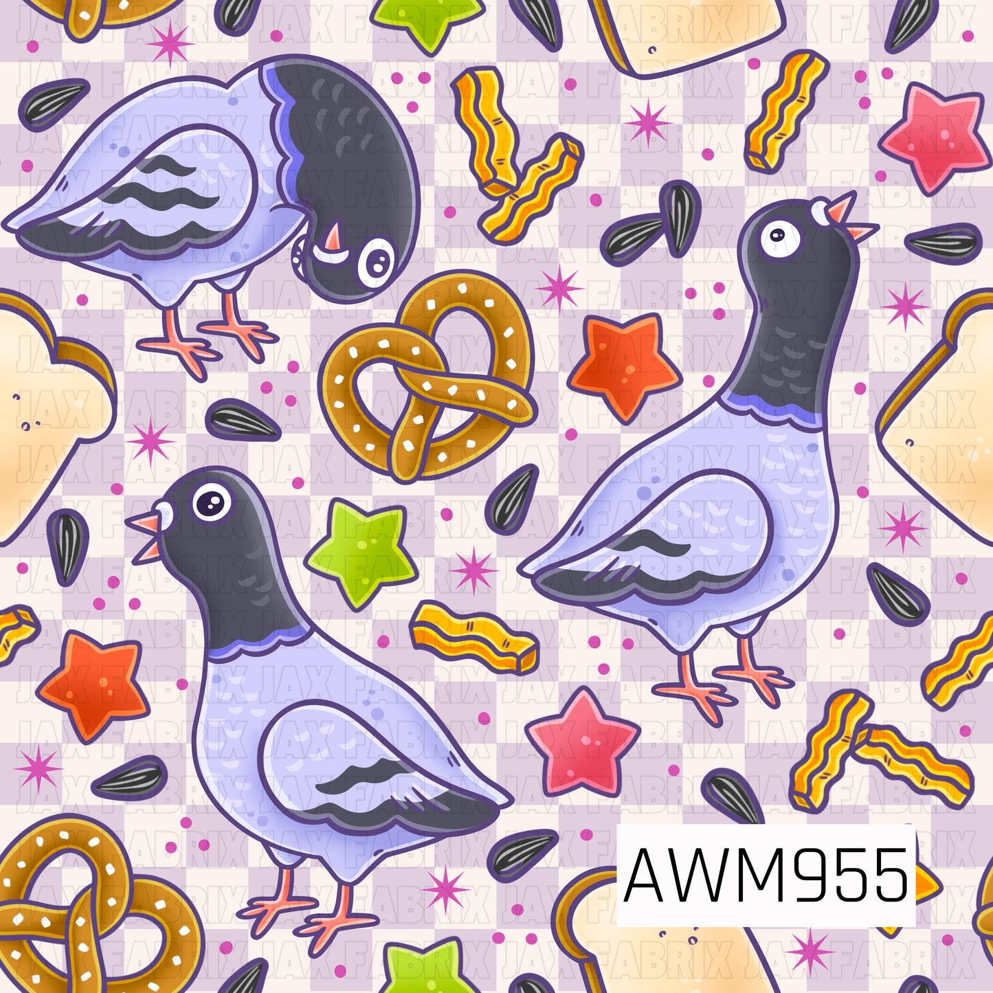 A playful design featuring whimsical pigeons surrounded by pretzels, bacon strips, sunflower seeds, colorful stars, and scattered snack-inspired accents. The soft pastel color palette and quirky food-themed elements create a fun and lighthearted aesthetic. Perfect for bird lovers, pigeon enthusiasts, novelty gifts, stationery, stickers, and whimsical everyday creations.*