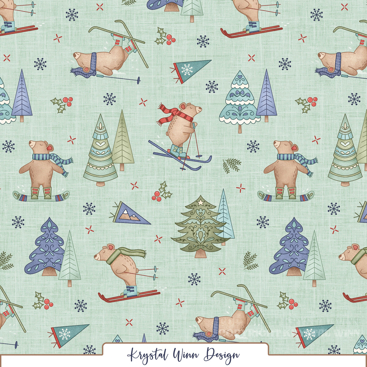 A playful winter seamless pattern featuring adorable brown bears skiing, snowboarding, and tumbling through the snow while wearing colorful scarves, hats, and winter boots. Whimsical Christmas trees in shades of sage green, teal, mint, and periwinkle are scattered throughout, accented by delicate navy snowflakes, red holly berries, ski flags, and tiny winter details. Set against a soft mint green background with a subtle linen texture for a cozy, vintage-inspired winter look.