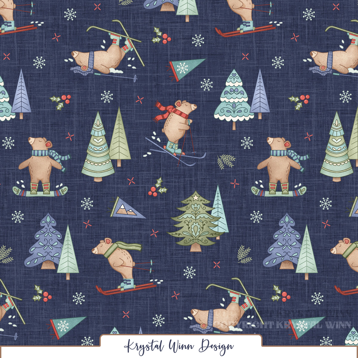 A playful winter seamless pattern featuring adorable brown bears skiing, snowboarding, and tumbling through the snow while wearing colorful scarves, hats, and winter boots. Whimsical Christmas trees in shades of sage green, mint, teal, and periwinkle are scattered throughout, accented by delicate snowflakes, holly berries, ski flags, and tiny winter details. Set against a deep navy blue background with a subtle linen texture for a cozy, vintage-inspired winter look.