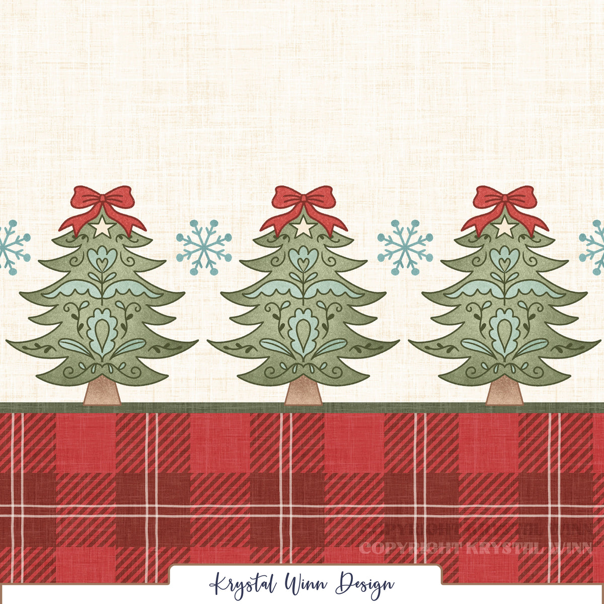 A charming Christmas border design featuring a row of sage green Christmas trees adorned with delicate folk-art details, including hearts, swirling vines, and floral accents in soft mint and teal. Each tree is topped with a cream star and a festive red bow, with teal snowflakes scattered between them. A bold red and burgundy plaid border runs along the bottom, while a warm cream background with a subtle woven linen texture completes the cozy, vintage-inspired holiday look.