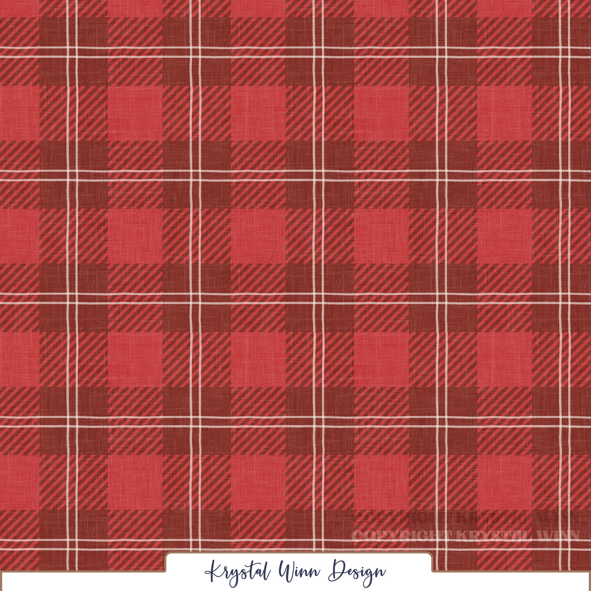 A classic red cabin plaid pattern featuring alternating bright red and deep burgundy squares, accented with diagonal stripes and thin double ivory lines creating a windowpane effect. A subtle linen texture throughout adds a cozy, rustic feel to this timeless winter-inspired design.