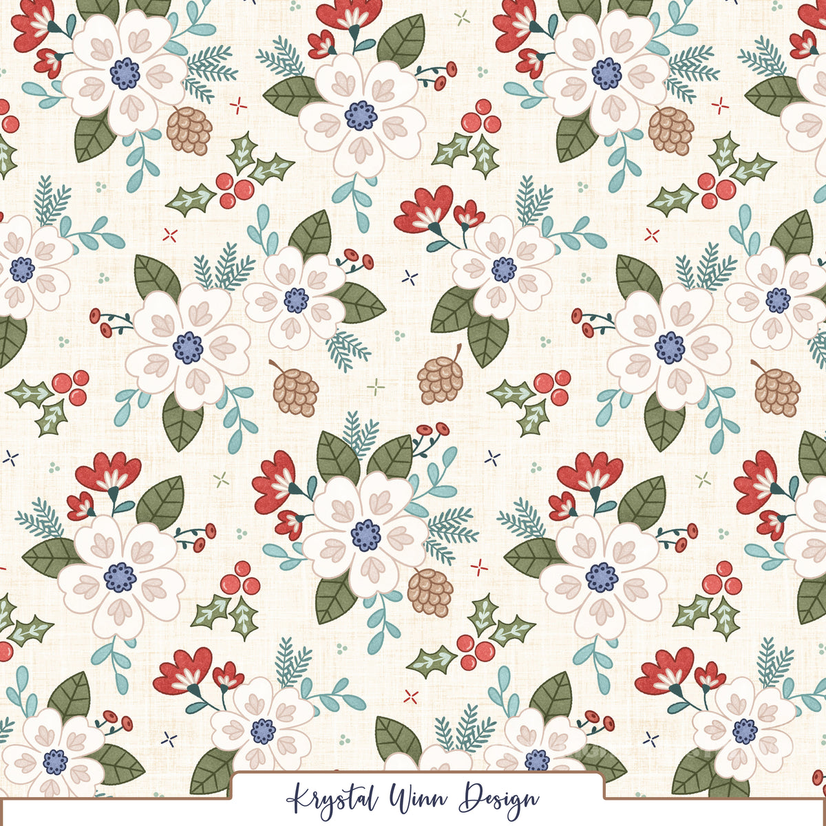 A charming winter floral seamless pattern featuring large ivory flowers with soft blush heart-shaped petal details and periwinkle blue centers. The flowers are surrounded by sage green leaves, delicate teal foliage, bright red blossoms, holly leaves and berries, and rustic pinecones. Tiny scattered accents complete the design against a warm cream background with a subtle woven linen texture, creating a cozy, vintage-inspired holiday look.