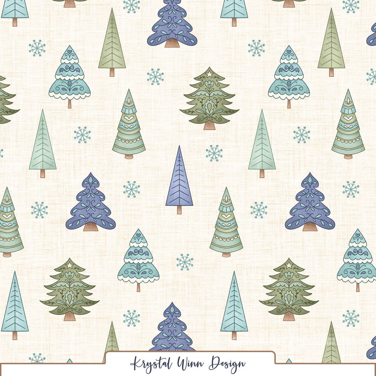 A whimsical winter seamless pattern featuring an assortment of Christmas trees in soft shades of sage green, mint, teal, and periwinkle blue. The trees feature charming folk-art details, including hearts, scalloped edges, delicate swirls, and decorative flourishes, mixed with simple evergreen silhouettes. Scattered teal snowflakes complete the design against a warm cream background with a subtle woven linen texture, creating a cozy, vintage-inspired winter look.