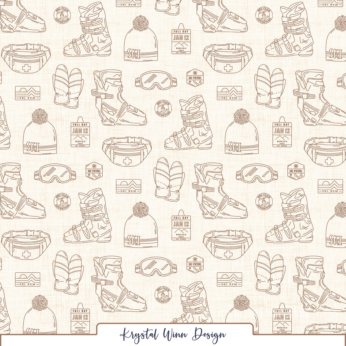 A winter-themed seamless pattern featuring detailed warm brown line drawings of ski boots, cozy mittens, pom-pom beanies, ski goggles, and waist packs. Scattered throughout are vintage-inspired ski club badges, mountain resort logos, ski patrol emblems, and lift tickets, all arranged against a creamy ivory background with a subtle linen texture for a cozy, rustic feel.