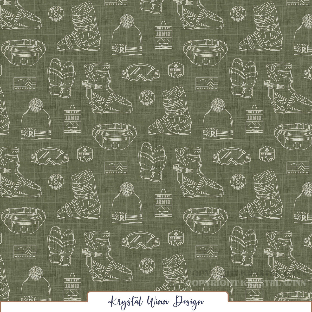 A winter-themed seamless pattern featuring detailed cream-colored line drawings of ski boots, cozy mittens, pom-pom beanies, ski goggles, and waist packs. Scattered throughout are vintage-inspired ski club badges, mountain resort logos, ski patrol emblems, and lift tickets, all arranged against a muted evergreen background with a subtle linen texture.