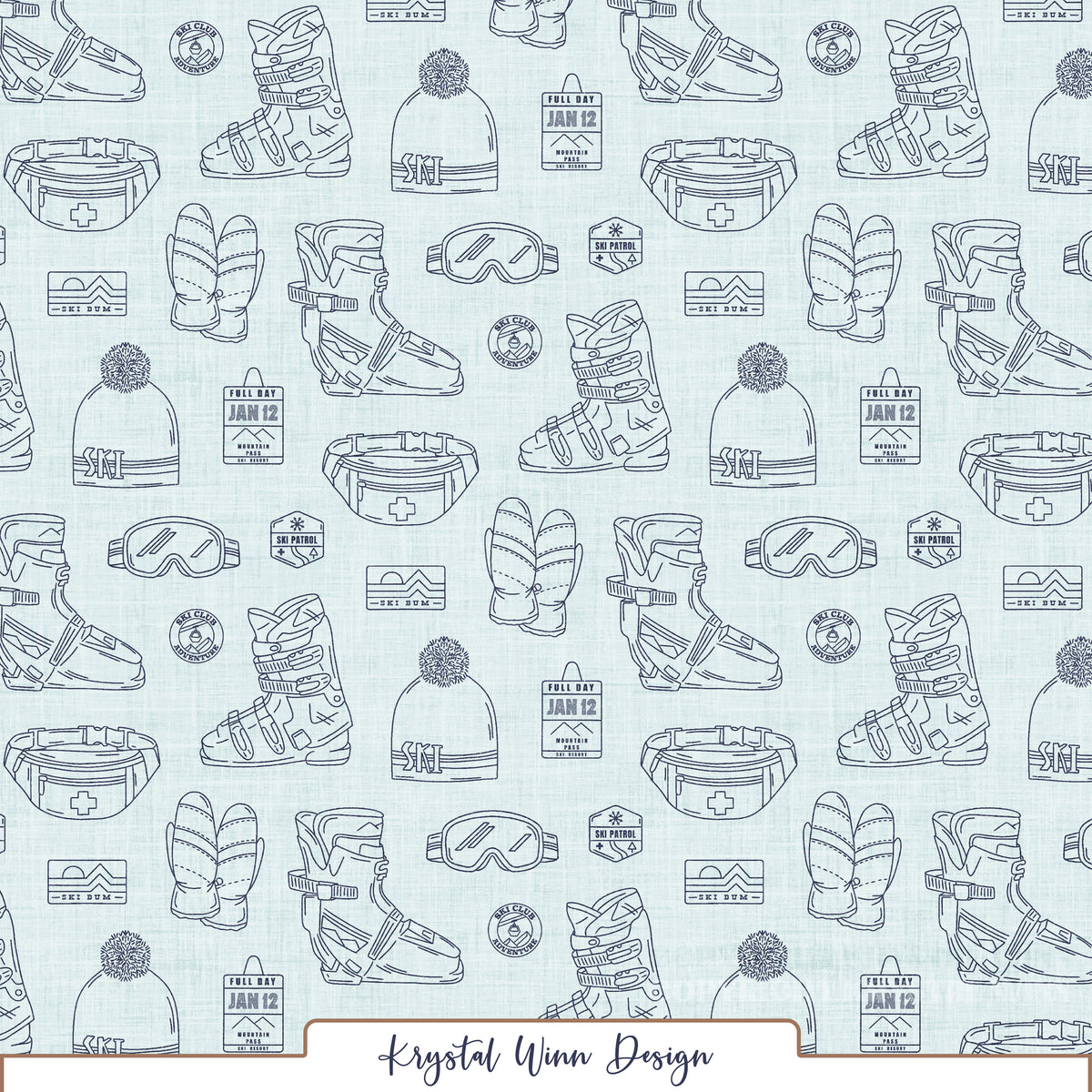 A winter-themed seamless pattern featuring detailed navy blue line drawings of ski boots, cozy mittens, pom-pom beanies, ski goggles, and waist packs. Scattered throughout are vintage-inspired ski club badges, mountain resort logos, ski patrol emblems, and lift tickets, all arranged against a soft icy blue background with a subtle linen texture.