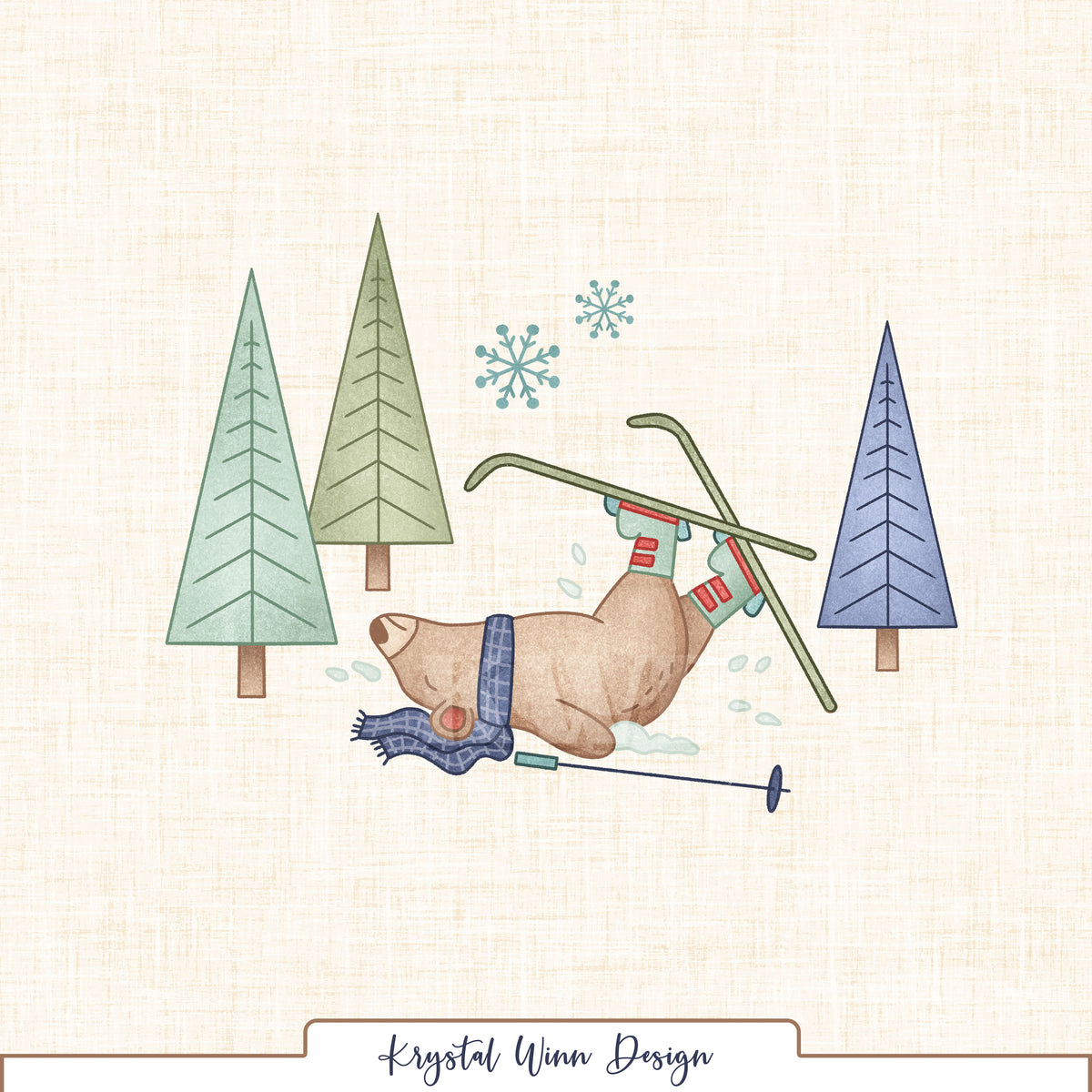 A charming winter-themed panel featuring an adorable bear taking a tumble while skiing, complete with crossed skis, colorful ski boots, and a cozy blue plaid scarf. Surrounded by whimsical evergreen trees and delicate blue snowflakes, the playful illustration sits against a soft ivory linen-textured background for a sweet, vintage-inspired winter feel.