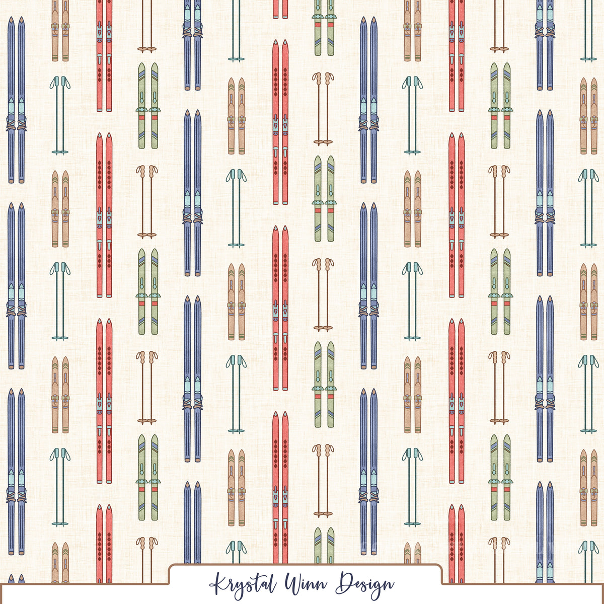 A charming, vintage-inspired ski pattern featuring vertically arranged pairs of skis and coordinating ski poles in shades of dusty blue, coral red, muted sage green, and warm tan. Each pair of skis features delicate geometric accents, colorful bindings, and retro detailing, all set against a soft, warm cream background with a subtle linen-inspired texture for a classic, nostalgic winter feel.
