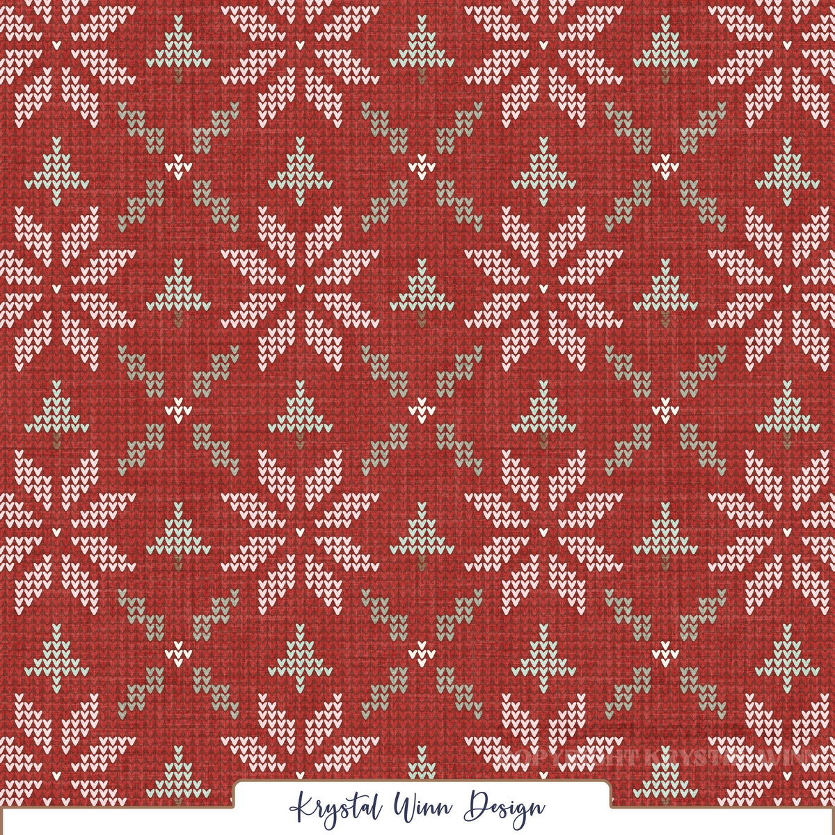 A cozy, vintage-inspired sweater knit pattern featuring repeating geometric snowflakes in soft pink and mint green against a rich, festive red background. Tiny V-shaped stitches create a realistic knitted texture, while the intricate Fair Isle-inspired snowflakes give the design a charming, nostalgic winter feel.