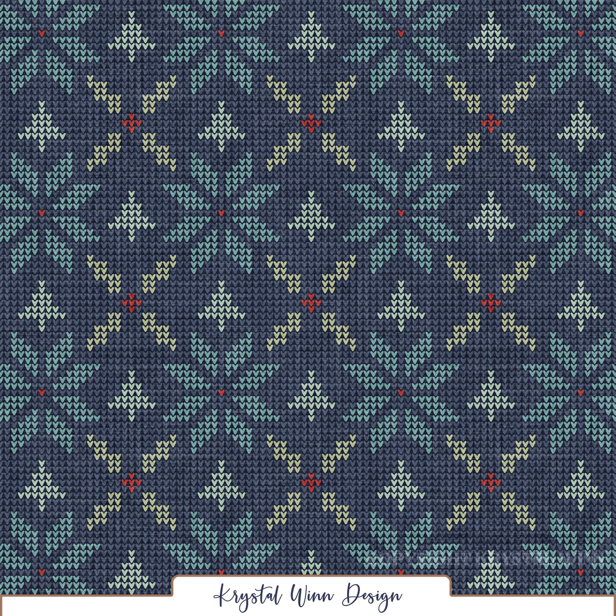 A cozy, vintage-inspired sweater knit pattern featuring repeating geometric snowflake motifs in shades of soft aqua blue, mint green, pale yellow, and small pops of coral red. Set against a rich navy blue background, tiny V-shaped stitches create a realistic knitted texture, while the colorful Fair Isle-inspired details give the design a charming, nostalgic winter feel.