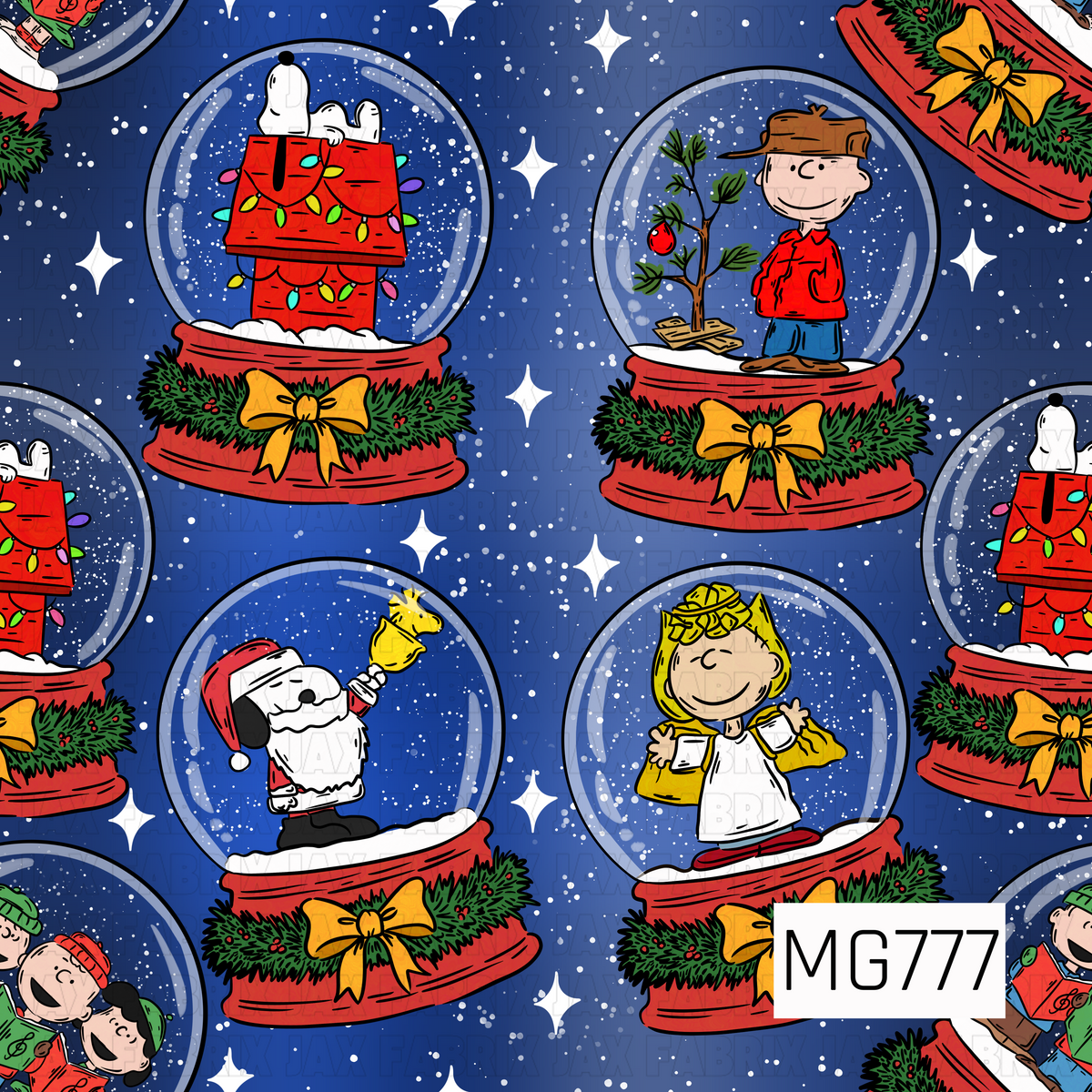 A nostalgic Christmas pattern featuring beloved cartoon characters inside festive snow globes, including a decorated red doghouse, a boy standing beside a small Christmas tree, a beagle dressed as Santa, and a blonde girl in an angel costume. Each snow globe sits on a red base decorated with lush green garland, red berries, and golden bows. White snowflakes, sparkling stars, and scattered snowy speckles fill the rich blue gradient background, creating a whimsical and festive winter design.