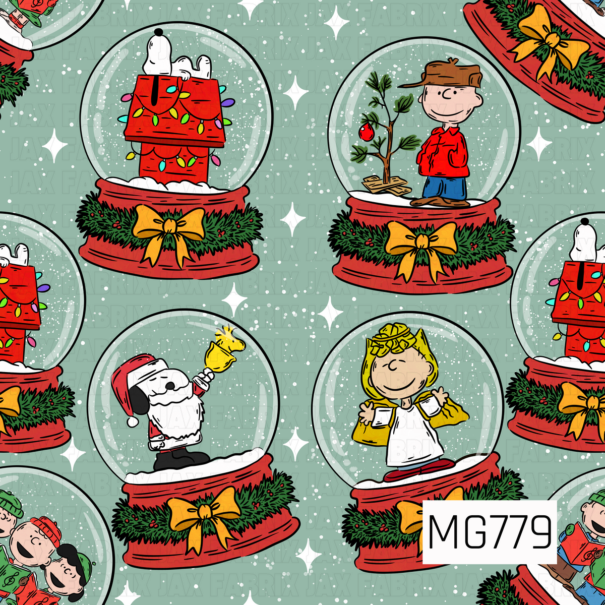 A nostalgic Peanuts Christmas pattern featuring Snoopy and friends inside festive snow globes. The design includes Snoopy resting on his colorful Christmas light-covered doghouse, Charlie Brown beside his little Christmas tree, Snoopy dressed as Santa holding Woodstock, and a sweet Christmas angel. Each snow globe sits on a red base decorated with lush green garland, red berries, and golden bows. Scattered white snowflakes, sparkling stars, and tiny snow dots fill the soft sage green background.