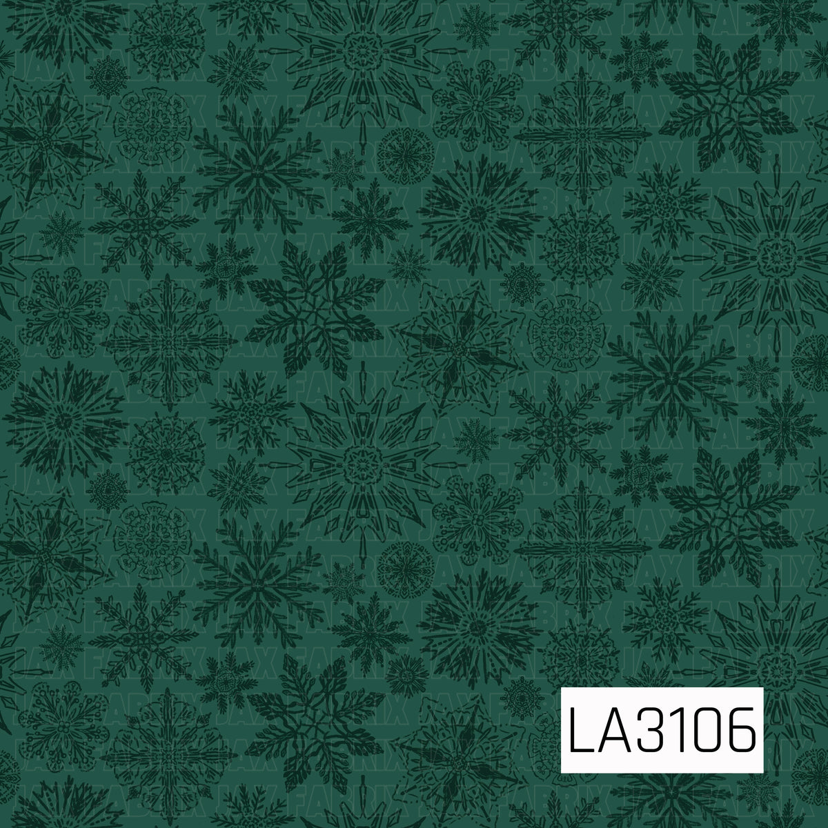 A moody tonal winter pattern featuring an assortment of intricate, hand-drawn snowflakes in deep forest green layered over a muted evergreen background. The varying snowflake shapes and sizes create a rich, subtle winter look.
