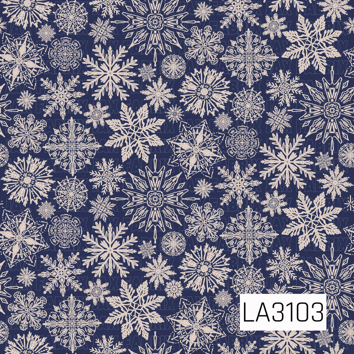 A detailed winter snowflake pattern featuring an assortment of hand-drawn snowflakes in soft cream and tan against a deep navy blue background. The mix of intricate shapes and varying sizes gives the design a warm, classic winter feel.
