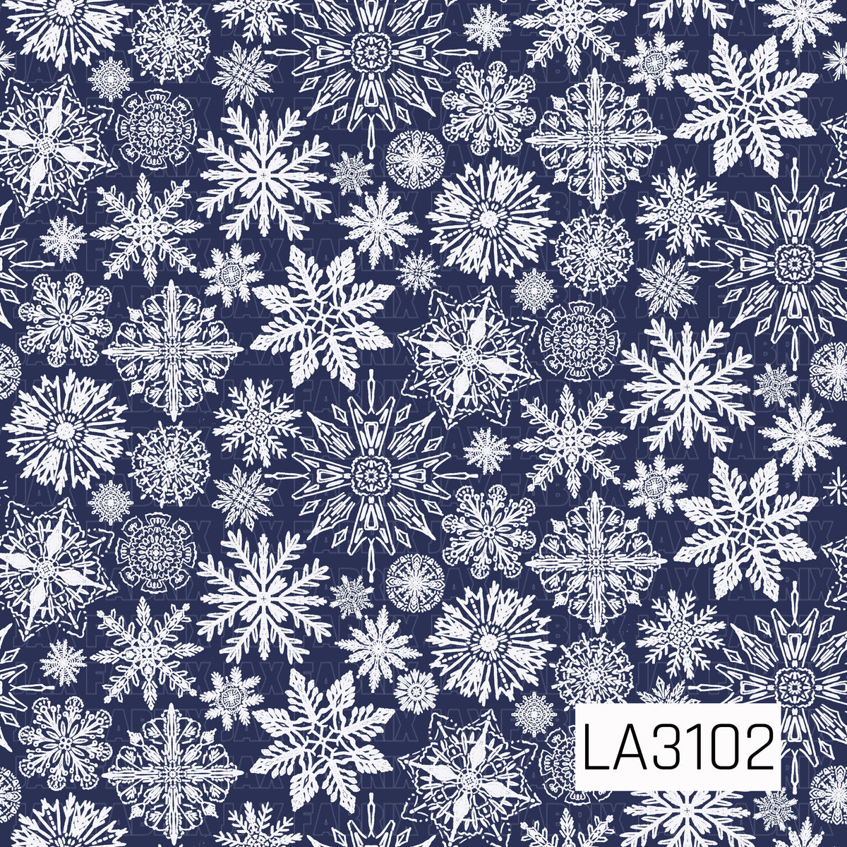 A classic winter snowflake pattern featuring an assortment of intricate, hand-drawn snowflakes in crisp white against a deep navy blue background. The mix of detailed shapes and varying sizes creates a layered, snowy winter look.