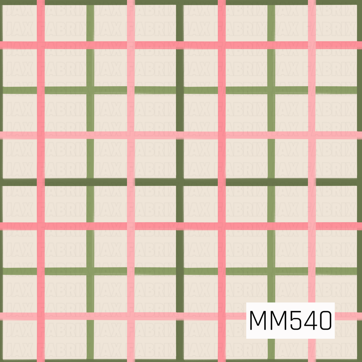A soft and charming plaid pattern featuring a warm ivory background with intersecting horizontal and vertical stripes in sweet bubblegum pink, soft blush, sage green, and muted olive green. The evenly spaced stripes create a classic windowpane-style check with varying line thicknesses and subtle overlapping colors. The combination of delicate pinks and earthy greens gives this timeless plaid a fresh, feminine, vintage-inspired feel.