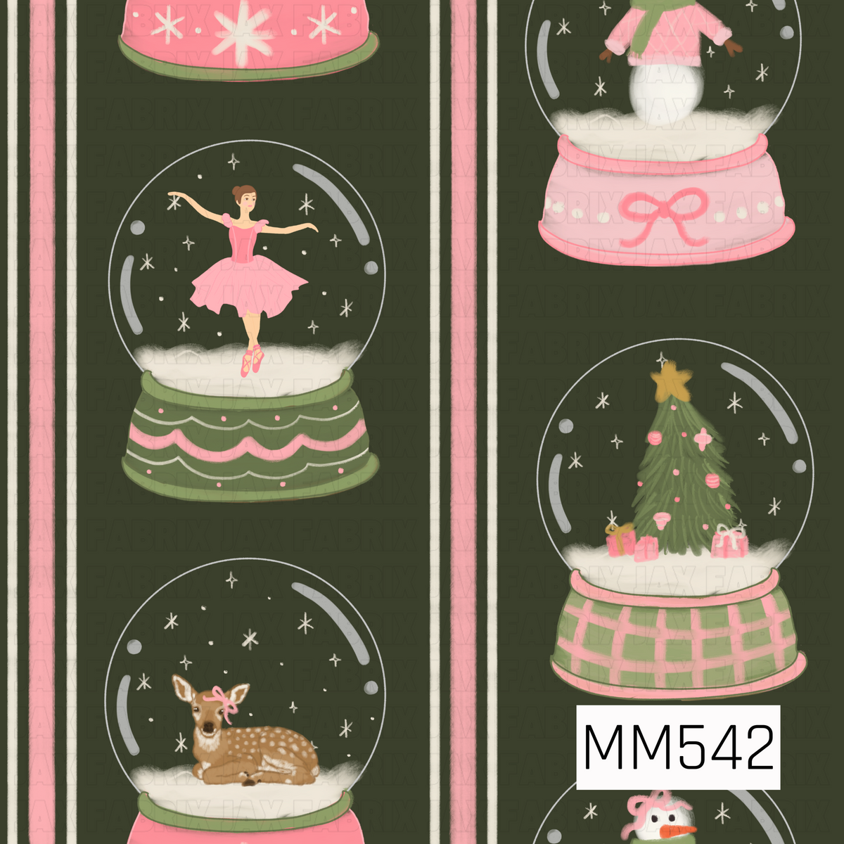 A charming Christmas snow globe pattern featuring a graceful ballerina in a pink tutu, cozy snowmen, decorated Christmas trees with pink ornaments and presents, and sweet reindeer with pink bows. Each globe features delicate snowflakes and decorative bases with soft pink, sage green, scalloped, and plaid accents. Set against a deep forest green background with vertical pink and cream stripes for a whimsical, vintage-inspired holiday look.