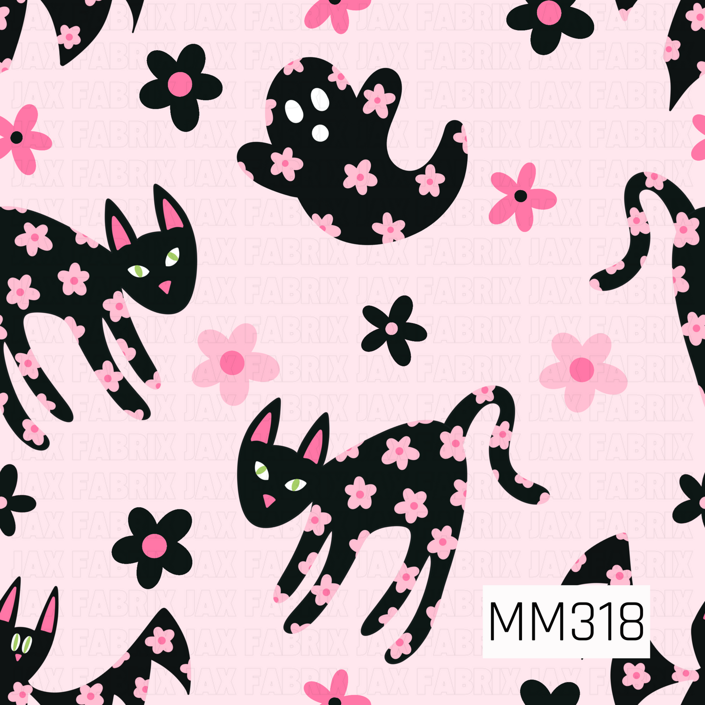 A charming seamless pattern featuring black cats and playful ghosts adorned with tiny pink flowers, scattered across a soft blush pink background with coordinating floral accents. This sweet spooky design blends Halloween charm with a cute, whimsical aesthetic, perfect for adding a fun and feminine touch to the season.
