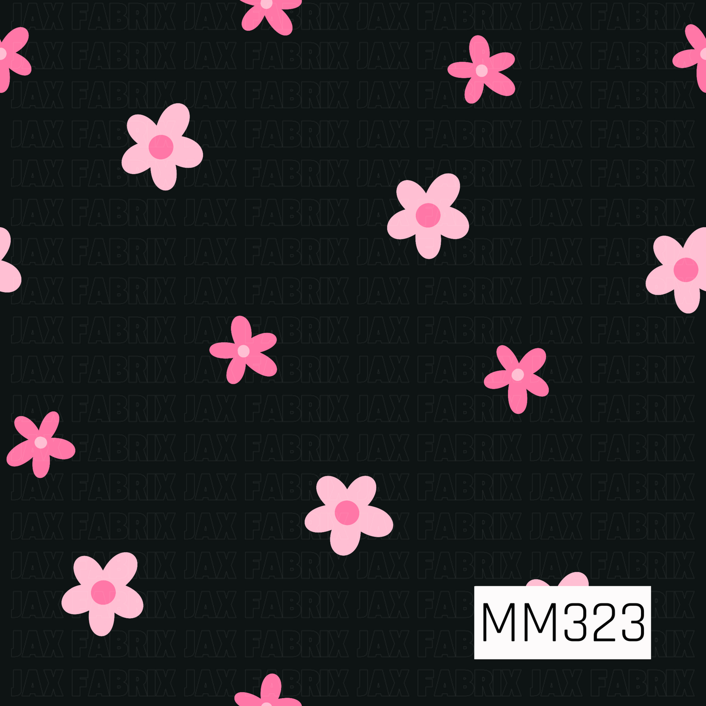 A simple seamless coordinating pattern featuring scattered pink daisies in two shades across a solid black background. The bold contrast creates a playful yet spooky aesthetic, making it a perfect blender print for Halloween, spooky cute, gothic floral, and year-round whimsical collections.