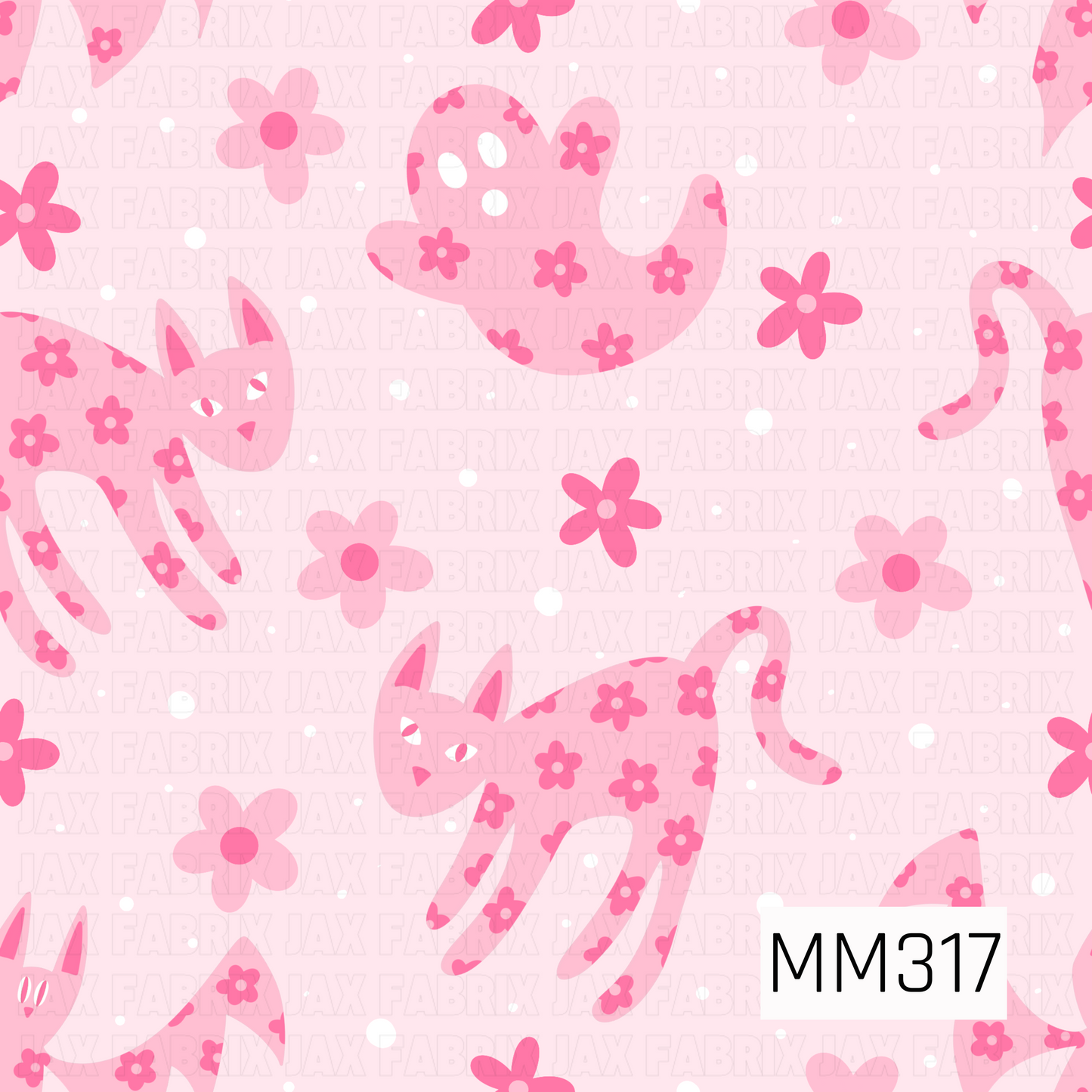 A charming seamless pattern featuring pink floral cats and friendly ghosts decorated with dainty flower motifs, scattered among simple blossoms and white polka dots on a soft blush pink background. This whimsical design blends spooky and sweet with a playful, coquette-inspired aesthetic, making it perfect for Halloween, pastel goth, and spooky-cute collections.