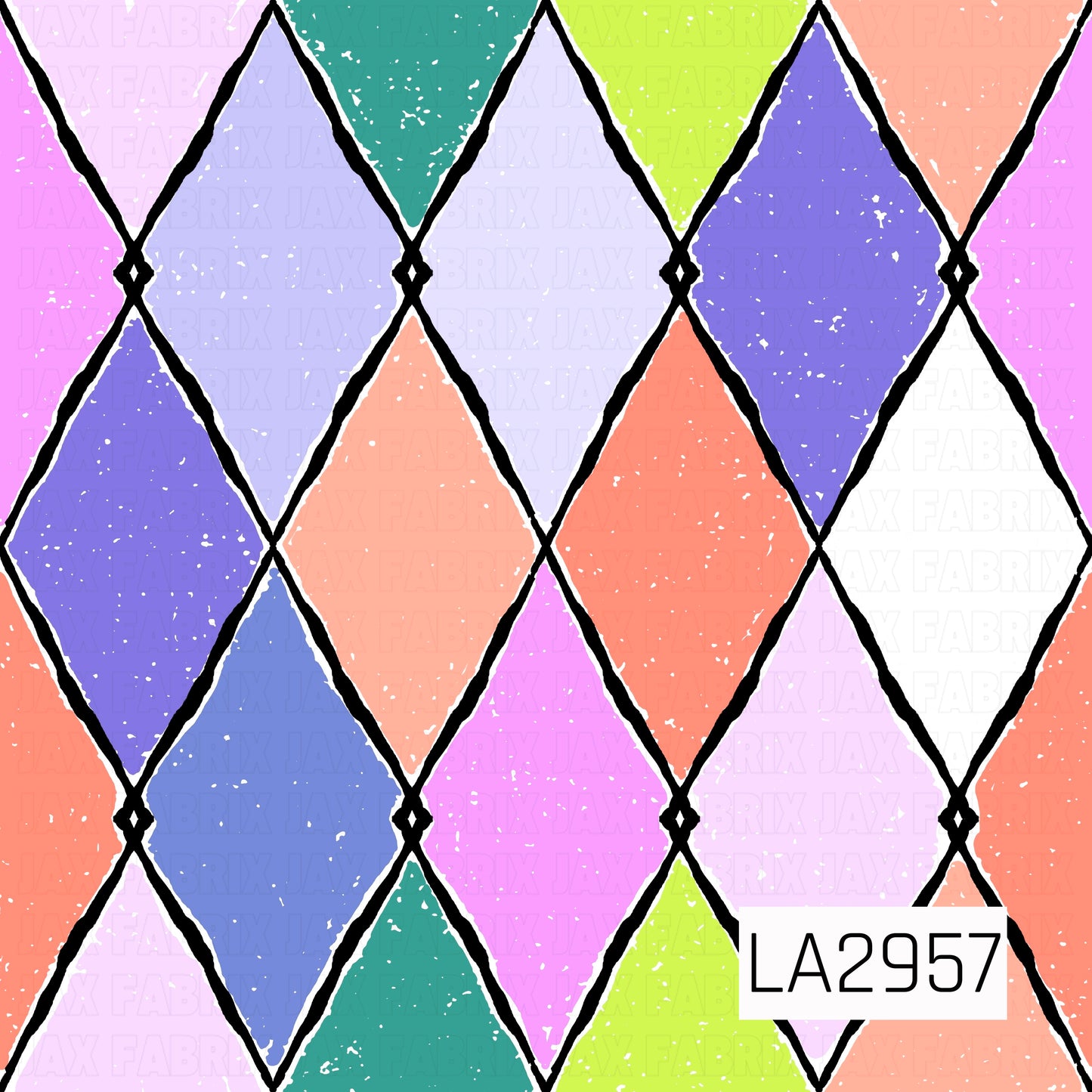 A bold geometric seamless pattern featuring colorful harlequin diamonds in shades of lavender, purple, coral, teal, lime, and white, outlined with black and finished with a subtle distressed texture. This playful design offers a modern, colorful twist with a fun vintage-inspired feel perfect for spooky season.