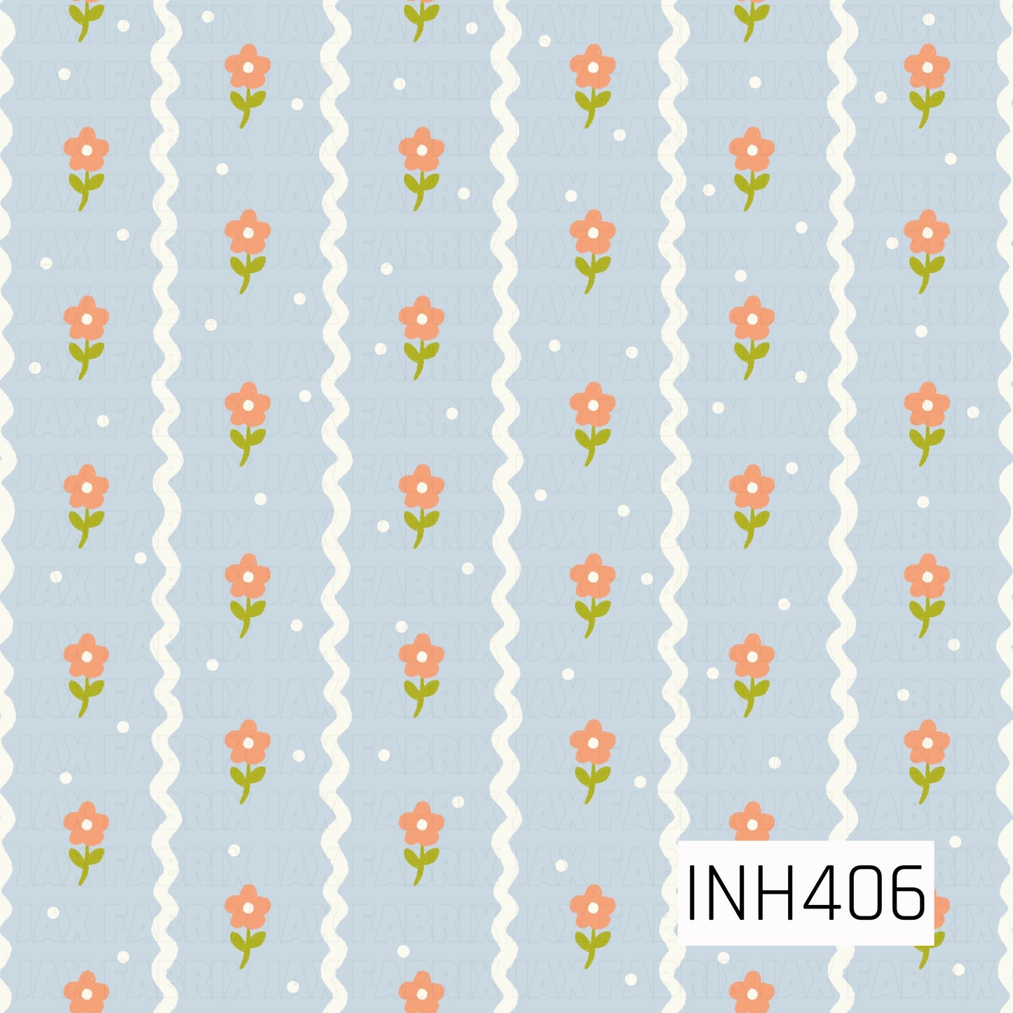 A playful pale-blue pattern featuring vertical ivory wavy stripes, scattered coral flowers with green stems, and tiny white dots.