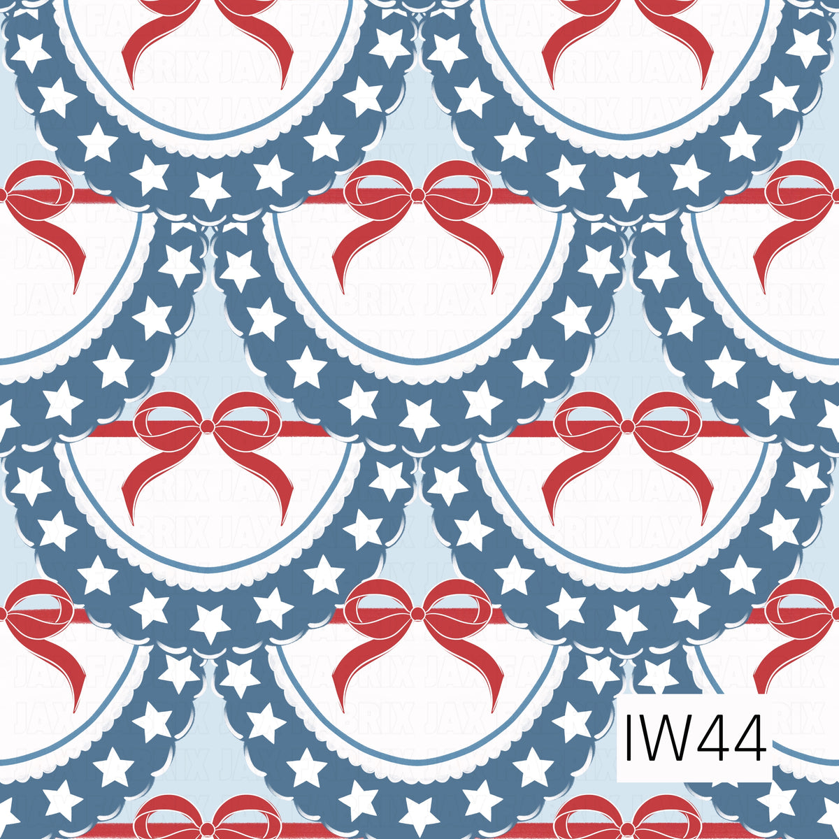 A charming patriotic bunting pattern featuring scalloped navy blue banners decorated with white stars and delicate white ruffled trim. Bright red ribbon bows accent each banner against a soft powder blue background, creating a sweet, vintage-inspired Americana design perfect for summer celebrations.