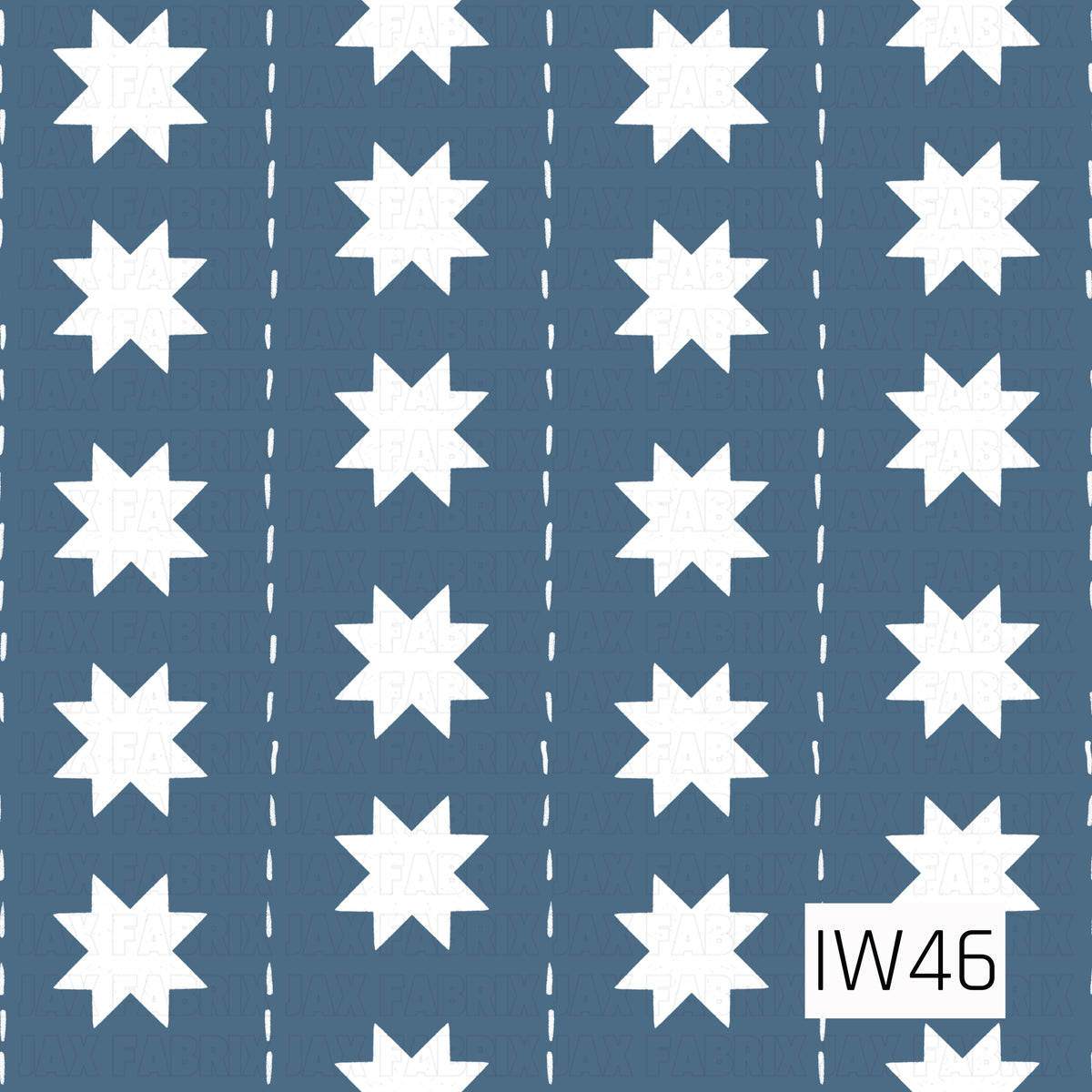 A classic Americana pattern featuring bold white eight-point stars arranged in alternating rows against a dusty navy blue background. Thin vertical dashed white lines separate the stars, creating a charming stitched stripe effect with a vintage, quilt-inspired feel.