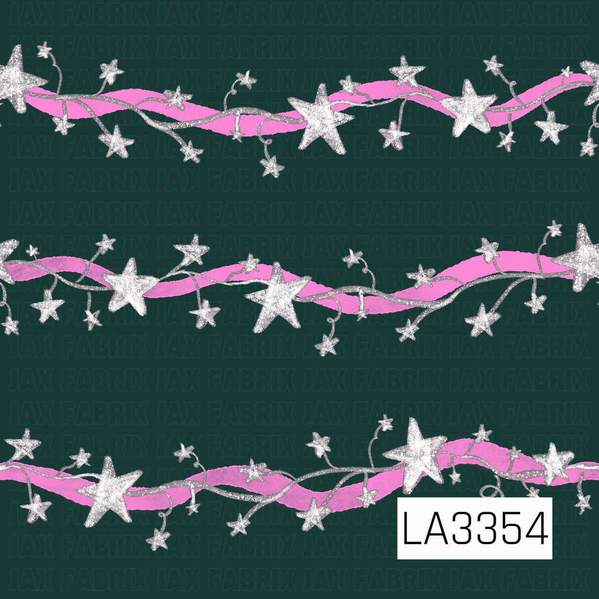 A whimsical star stripe pattern featuring shimmering silver stars and curling vines layered over flowing hot pink ribbons. Set against a deep forest green background, the design has a playful, festive feel with a touch of sparkle.