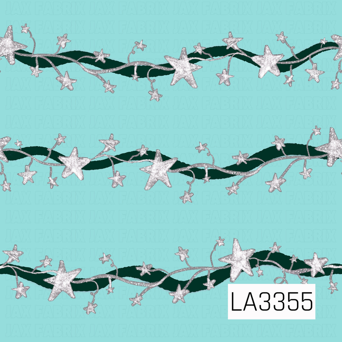 A whimsical star stripe pattern featuring sparkling silver stars and curling silver vines layered over flowing dark green ribbons. Set against a bright aqua background, the design has a fun, festive feel with plenty of shimmer and contrast.