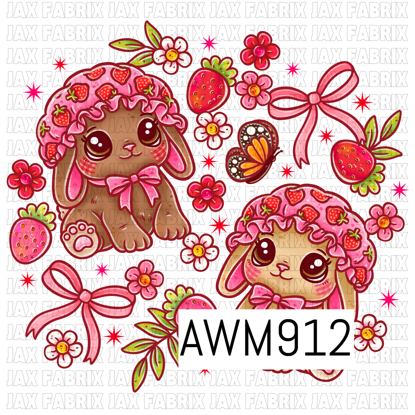 Adorable strawberry-themed kawaii PNG featuring two sweet bunny characters wearing pink strawberry bonnets with ruffled trim and matching bows. Surrounded by strawberries, delicate flowers, pink ribbons, a butterfly, leafy accents, and sparkling starbursts, this charming design is illustrated in vibrant shades of pink, red, and cream with a whimsical cottagecore aesthetic on a transparent background.