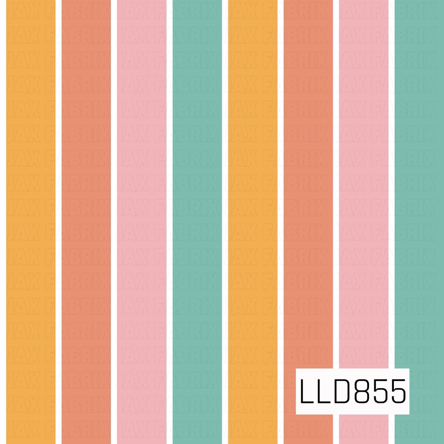 A cheerful retro stripe featuring wide vertical bands of golden yellow, warm coral, soft pink, and muted aqua, separated by crisp white lines. The bright yet slightly softened color palette gives it a fun, vintage-inspired feel.