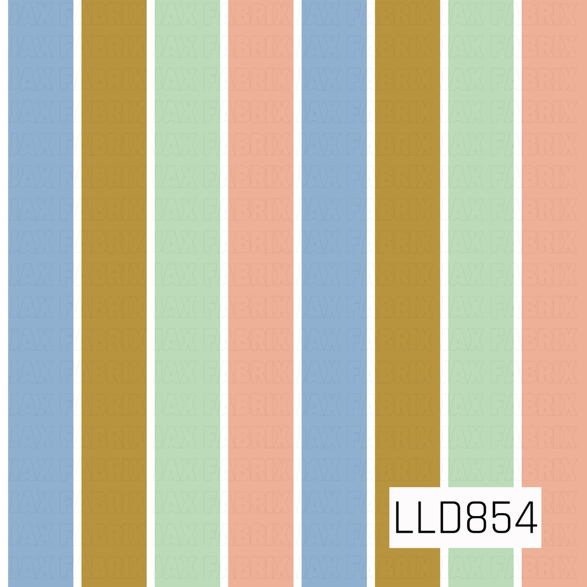 A soft retro striped pattern featuring wide vertical bands of dusty blue, golden mustard, pale mint green, and warm peach, separated by crisp white stripes. The muted pastel palette gives the design a playful vintage feel.
