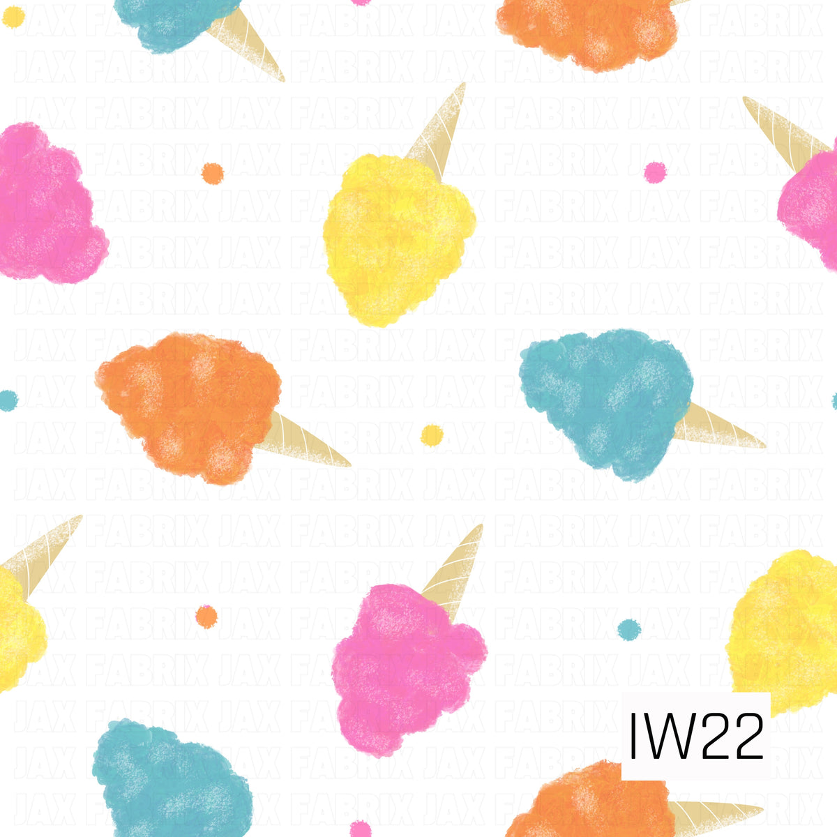 A bright and whimsical pattern featuring fluffy cotton candy in vibrant shades of hot pink, turquoise blue, sunny yellow, and orange, perched on golden striped cones. Tiny coordinating colorful dots are scattered across a crisp white background, creating a sweet, playful carnival-inspired design with a soft, textured watercolor feel.