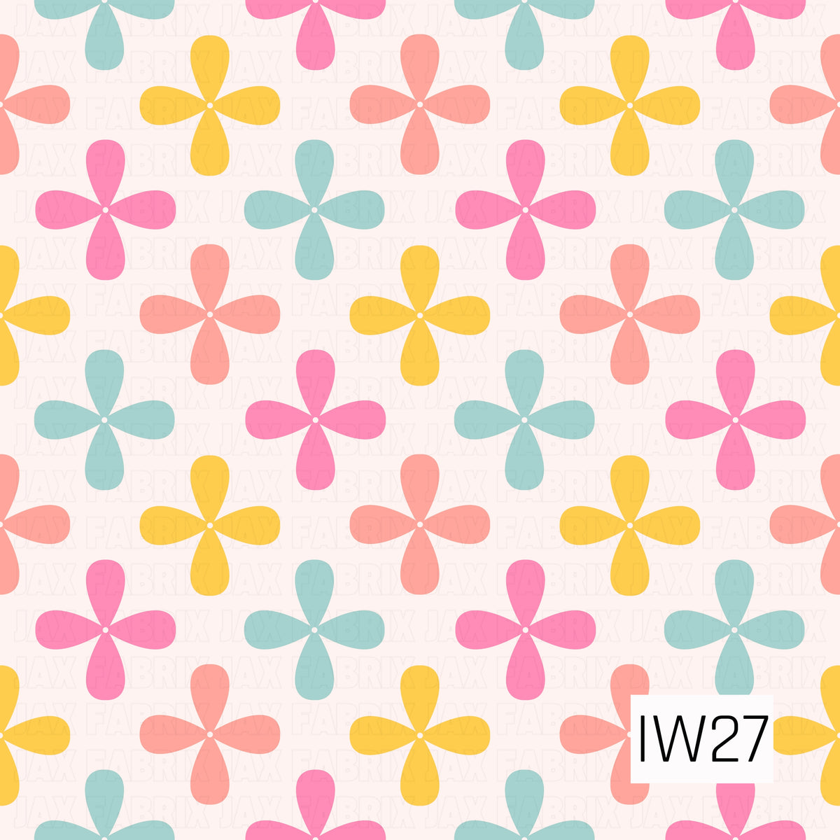 A cheerful retro-inspired floral pattern featuring simple four-petal flowers in bright shades of bubblegum pink, coral, buttery yellow, and soft aqua blue. Each flower has rounded, teardrop-shaped petals with a tiny white center, arranged in a playful repeating pattern across a pale blush background. The clean geometric shapes and vibrant pastel color palette give this design a fun, nostalgic 70s-inspired feel.