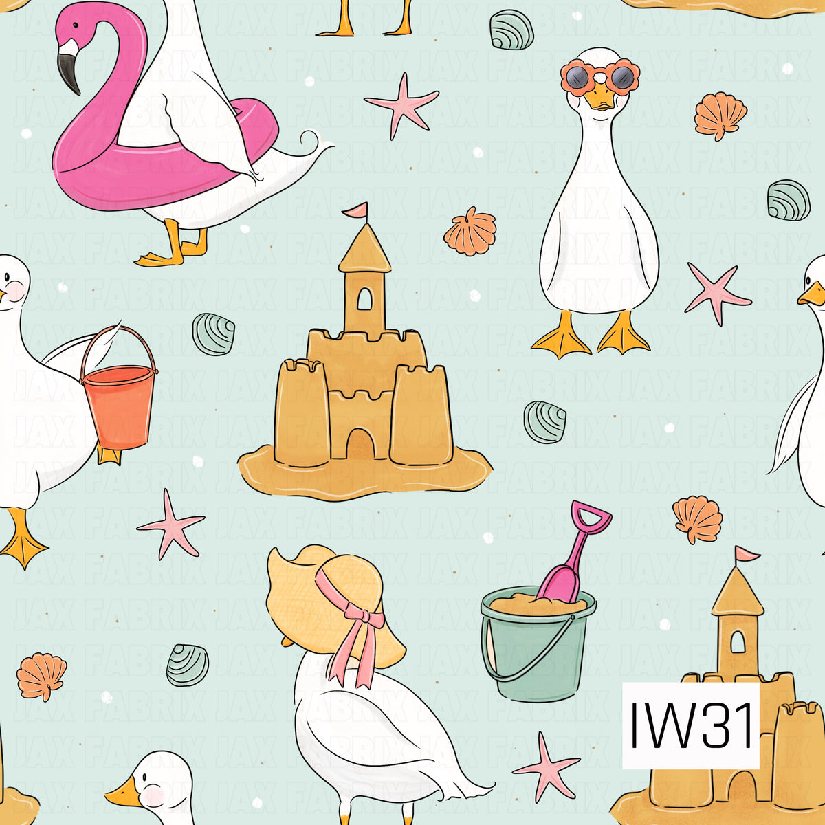 A whimsical summer pattern featuring adorable white geese enjoying a day at the beach. The playful geese wear oversized sun hats, flower-shaped sunglasses, and pink flamingo pool floats, surrounded by golden sandcastles, seashells, starfish, and colorful beach buckets. Soft shades of mint green, coral, blush pink, and sandy yellow create a sweet coastal palette, while delicate hand-drawn details add a charming, storybook-inspired feel.