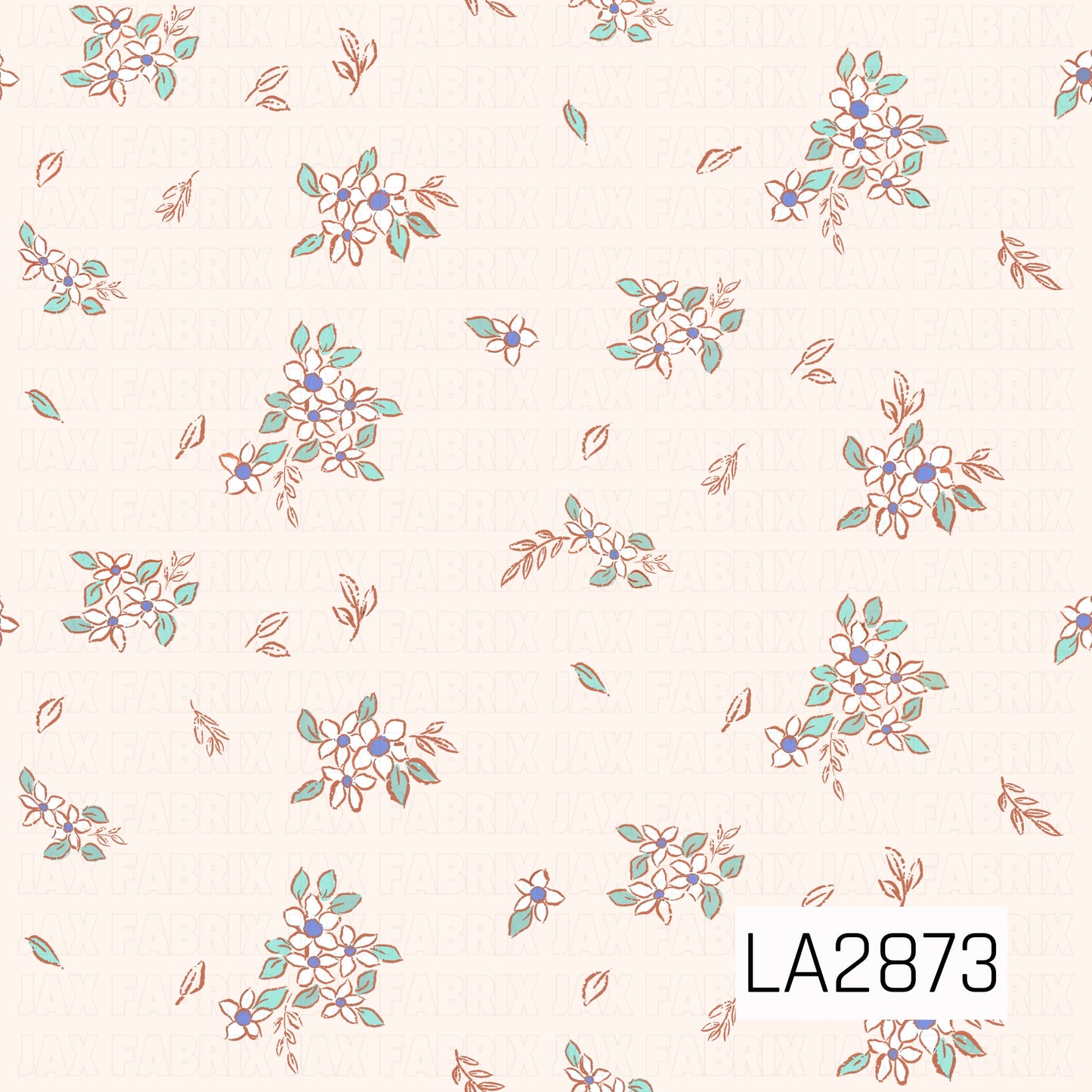 A delicate ditsy floral pattern featuring small white flowers with soft blue centers, accented by mint green leaves and warm terracotta stems. Scattered across a light cream background, the airy color palette creates a sweet, vintage-inspired design that's perfect for coordinating fabrics and bows.