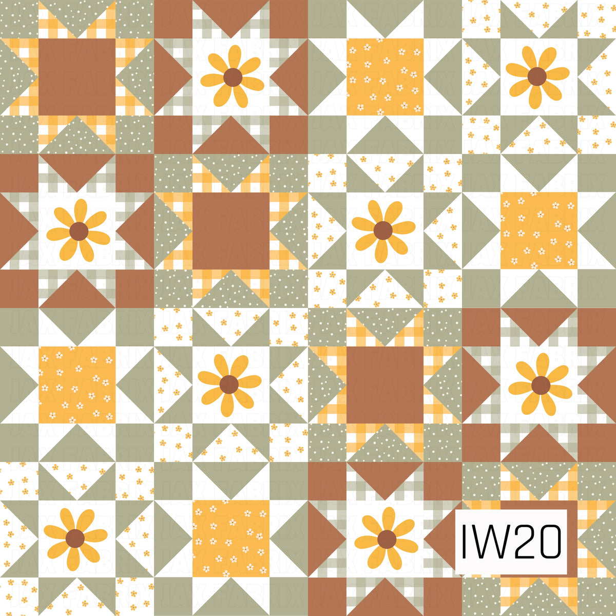 A charming patchwork quilt pattern featuring golden yellow daisies, classic star quilt blocks, gingham checks, tiny florals, and delicate polka dots. Warm terracotta brown, muted sage green, sunny yellow, and creamy white come together in a cozy, vintage-inspired design with a sweet farmhouse feel.