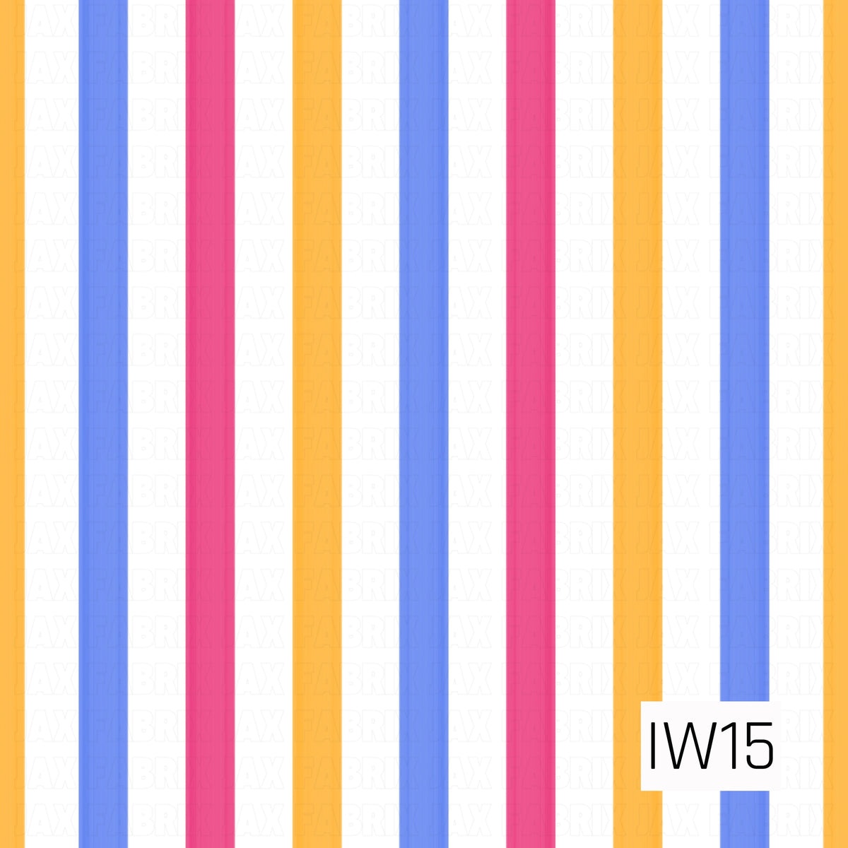 A bright and playful vertical stripe pattern featuring bold bands of vibrant royal blue, hot pink, and sunny golden yellow, separated by crisp white spaces. The repeating stripes create a cheerful, colorful design with a fun retro-inspired summer feel.