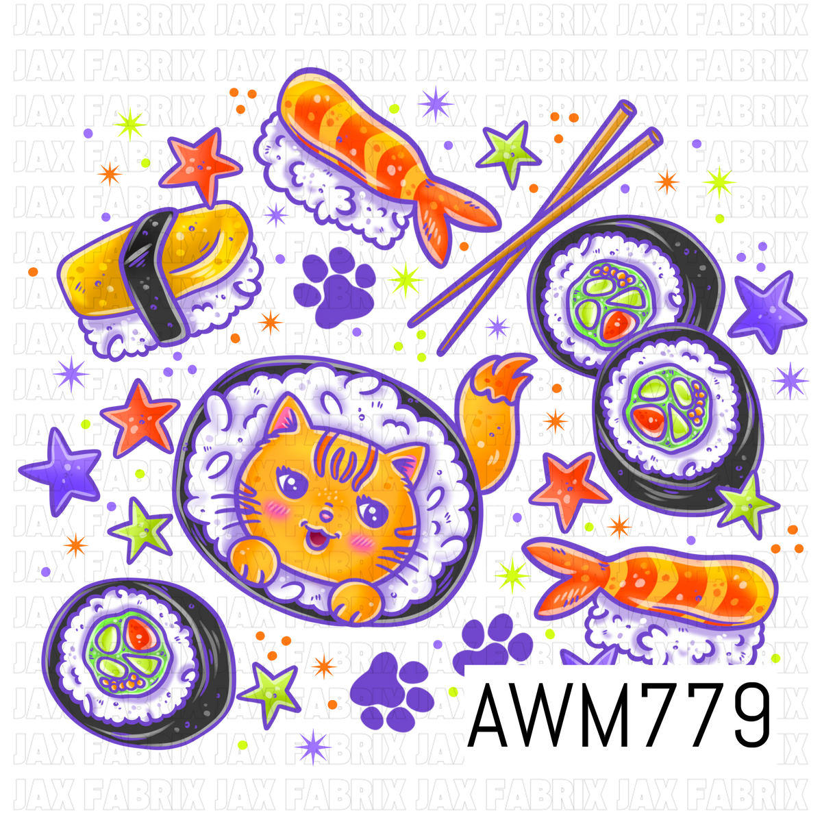 A playful PNG featuring an adorable sushi cat, sushi rolls, shrimp nigiri, tamago nigiri, chopsticks, colorful stars, and tiny paw prints in vibrant purple, orange, and lime green tones. This whimsical food-themed artwork is perfect for apparel, bows, bags, stickers, tumblers, kitchen accessories, and other fun sewing and crafting projects.