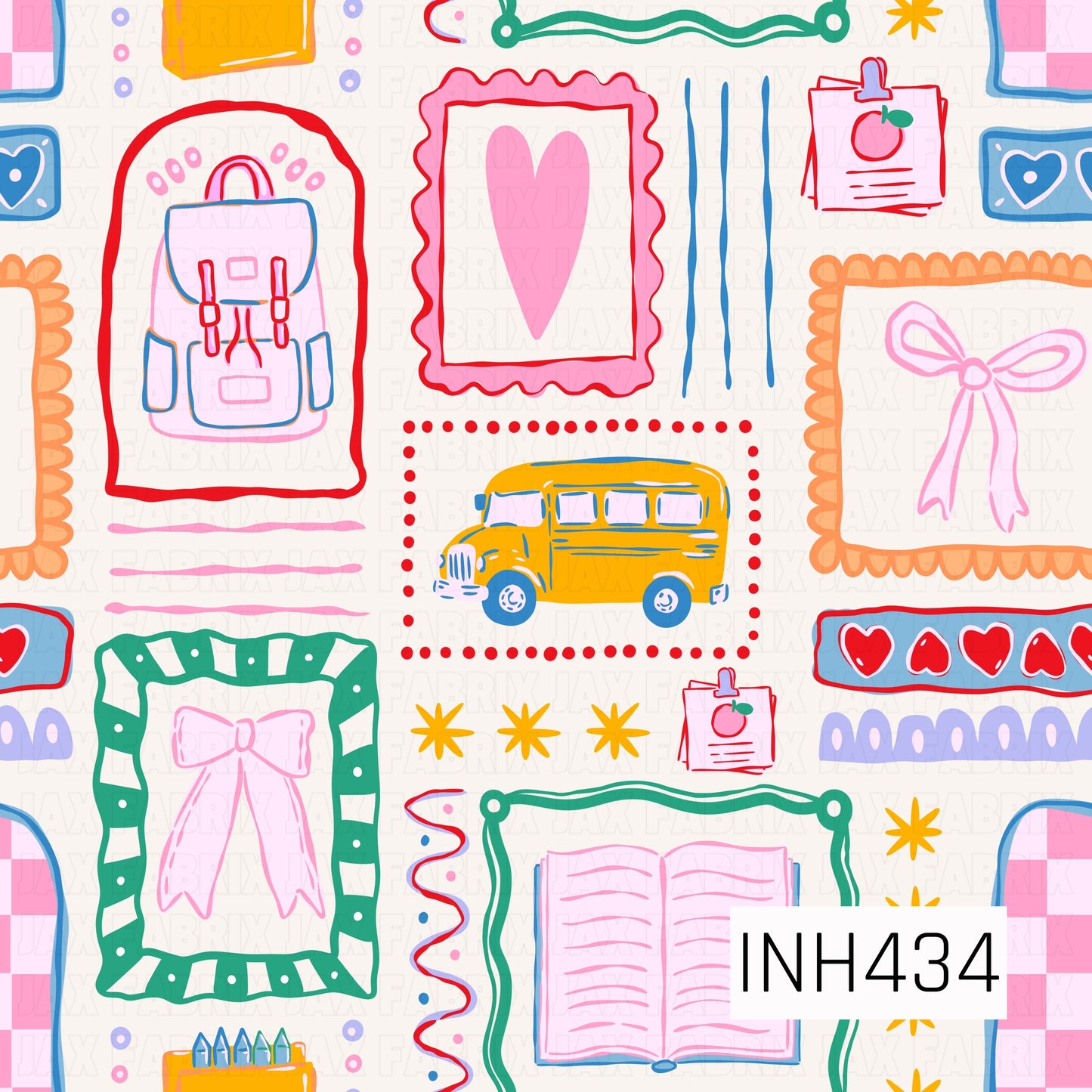 A playful school-inspired design featuring colorful hand-drawn frames filled with backpacks, hearts, bows, a yellow school bus, an open book, and apple notecards. Bright pops of pink, blue, green, orange, and red give the design a fun, cheerful back-to-school feel.