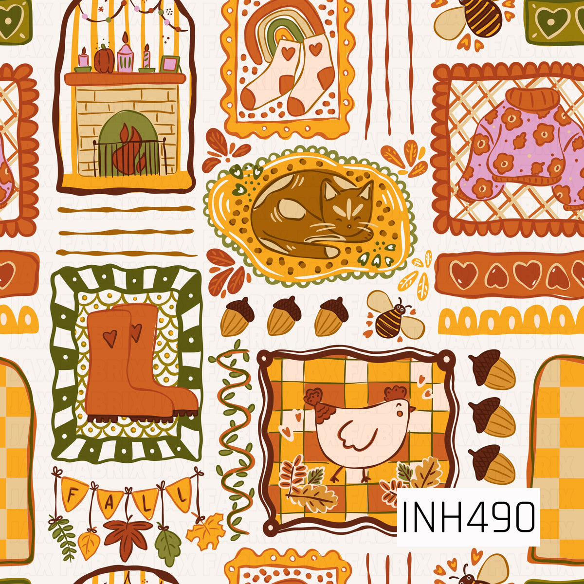 A cozy fall-themed collage featuring framed illustrations of autumn favorites, including a sleeping cat, chicken, cozy socks, boots, sweaters, acorns, bees, fall leaves, and a warm fireplace. Rich shades of burnt orange, mustard yellow, olive green, brown, and pops of pink create a playful retro look, with gingham, stripes, scalloped borders, hearts, and hand-drawn details throughout.