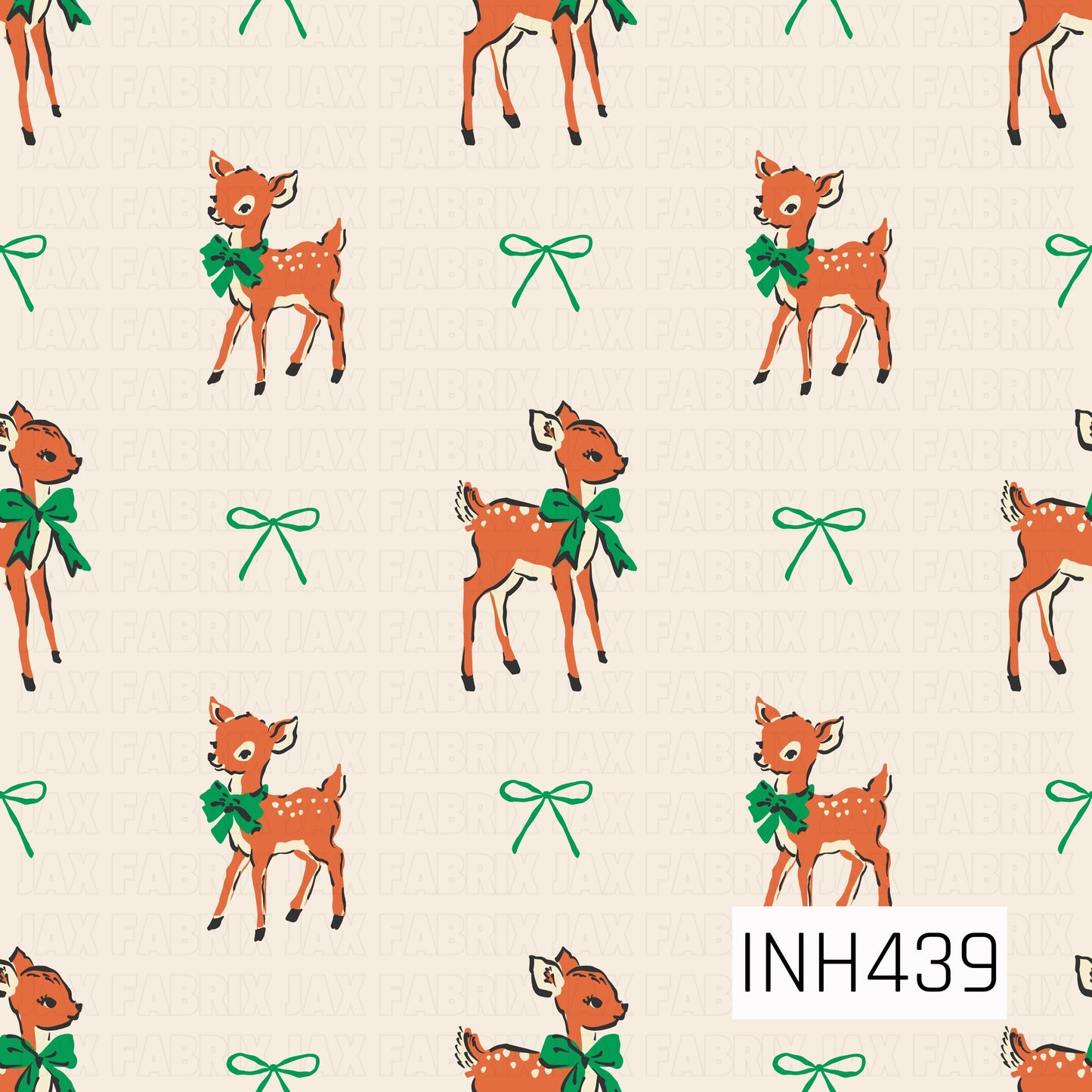 A sweet vintage-inspired Christmas design featuring adorable fawns decorated with oversized green bows, scattered alongside delicate green ribbon bows. The warm rust-orange deer, creamy background, and classic green accents give the pattern a simple, nostalgic holiday feel.