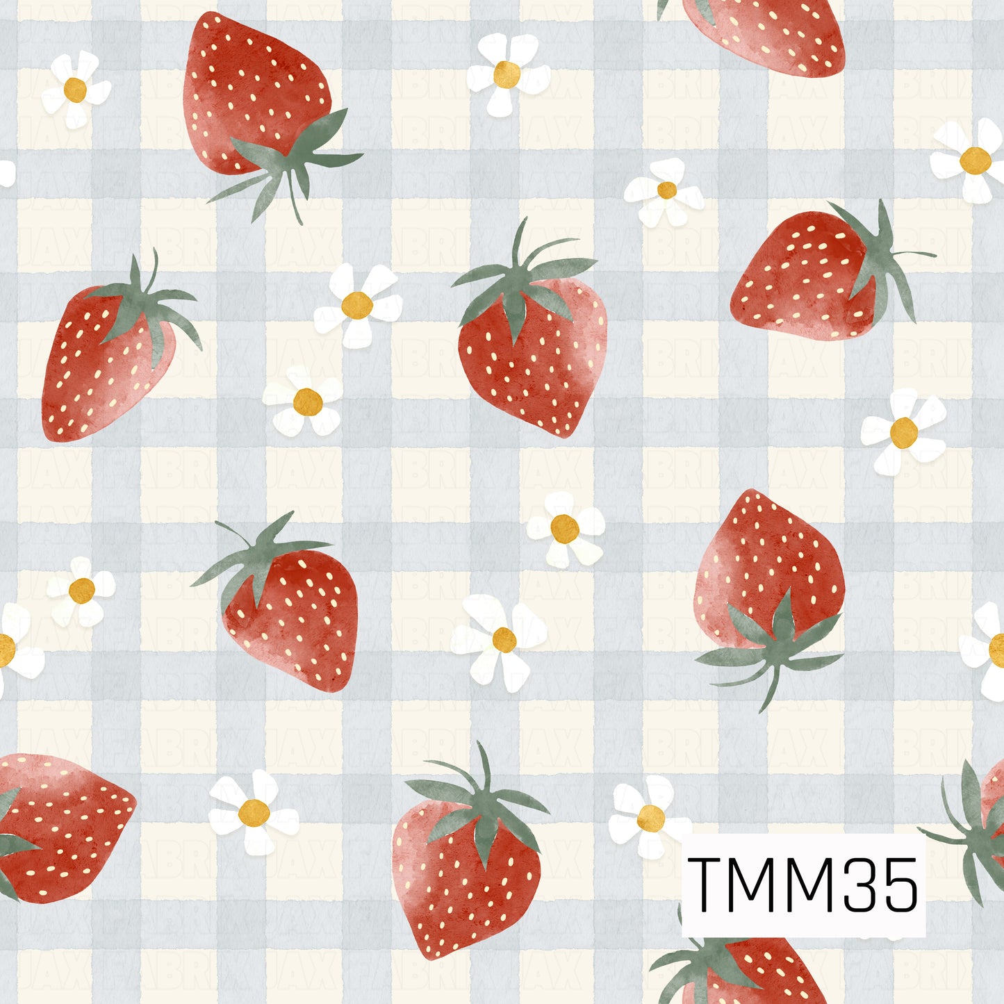 Sweet watercolor strawberries in shades of red and soft coral are scattered across a soft blue and cream gingham background, accented with delicate white daisies with golden yellow centers and muted green leaves for a soft, vintage-inspired look.